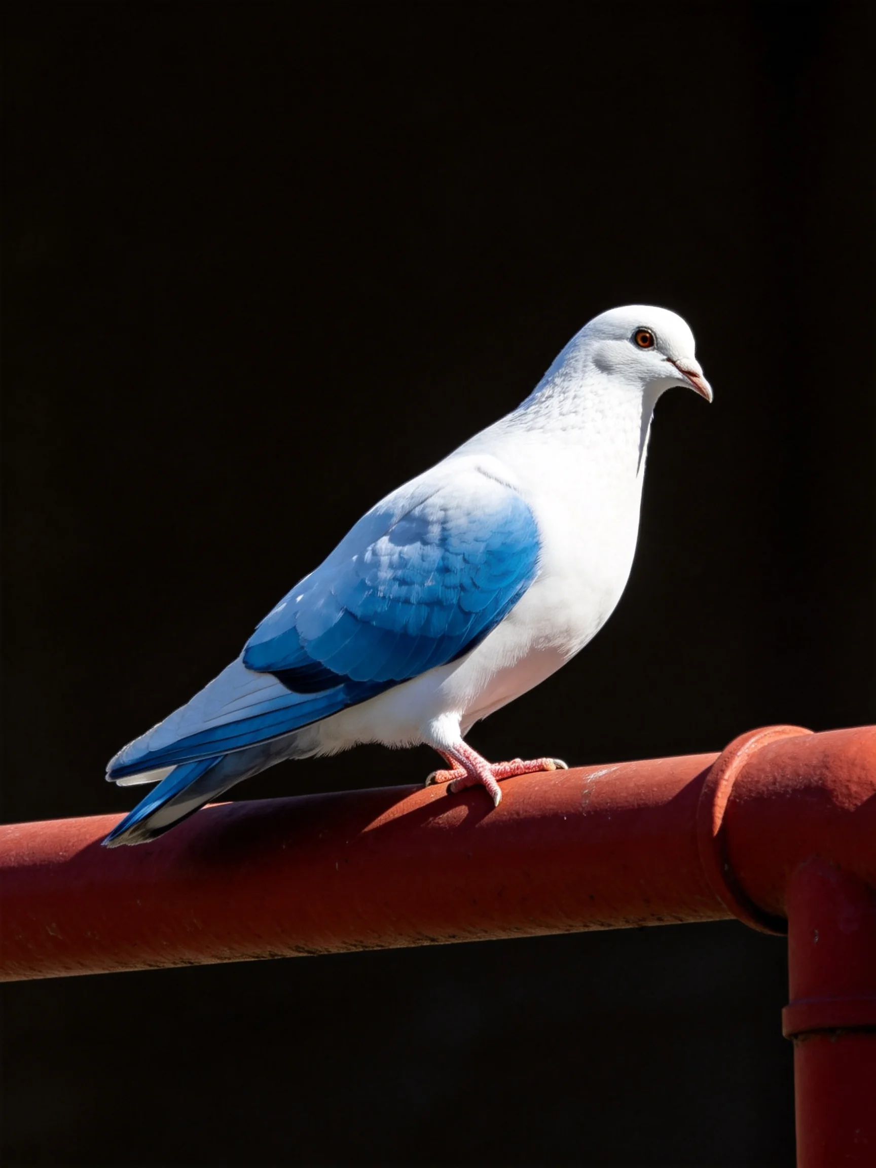 A white and blue pigeon rests on a rusted red metal bar against a dark backdrop.