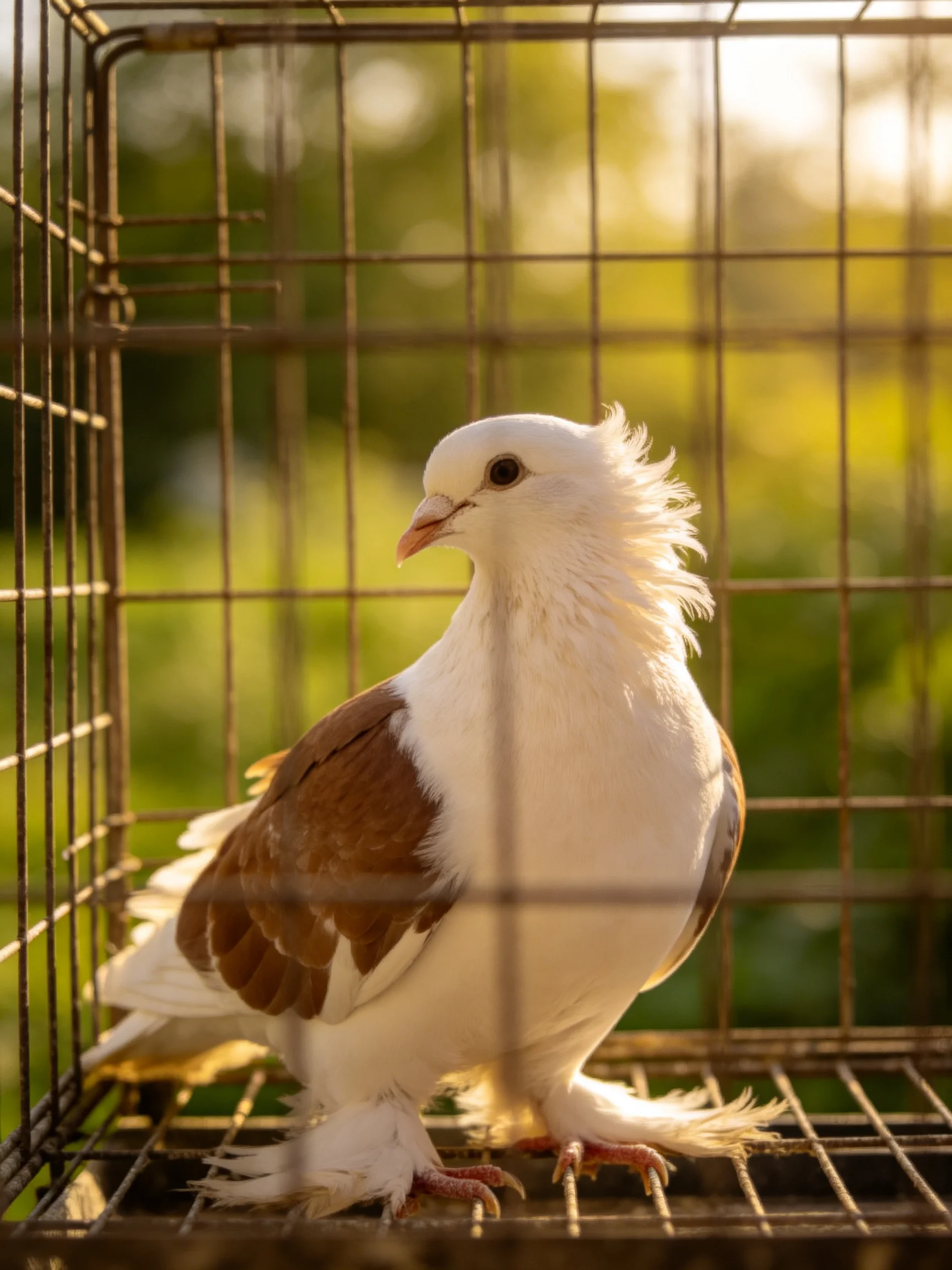 A white and brown pigeon inside an aged metal cage outdoors
