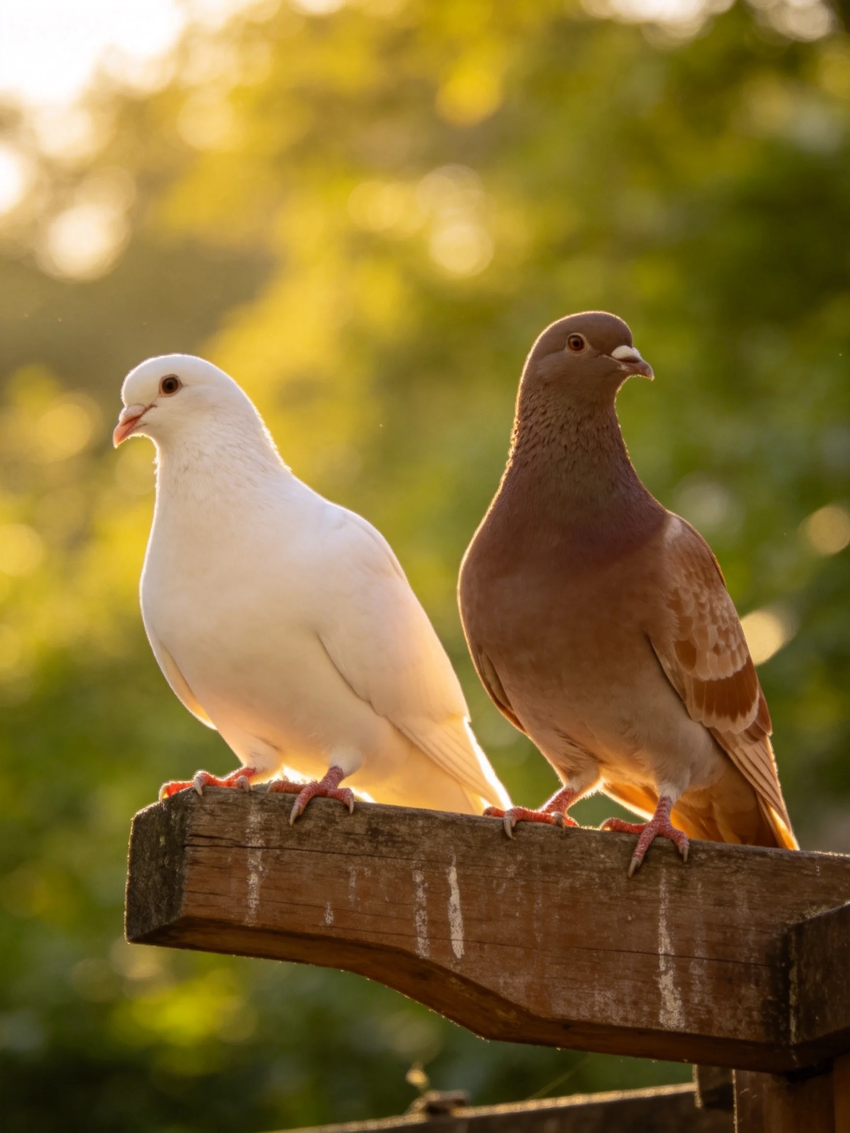 A white and brown pigeon pair rests on a wooden beam amid golden foliage