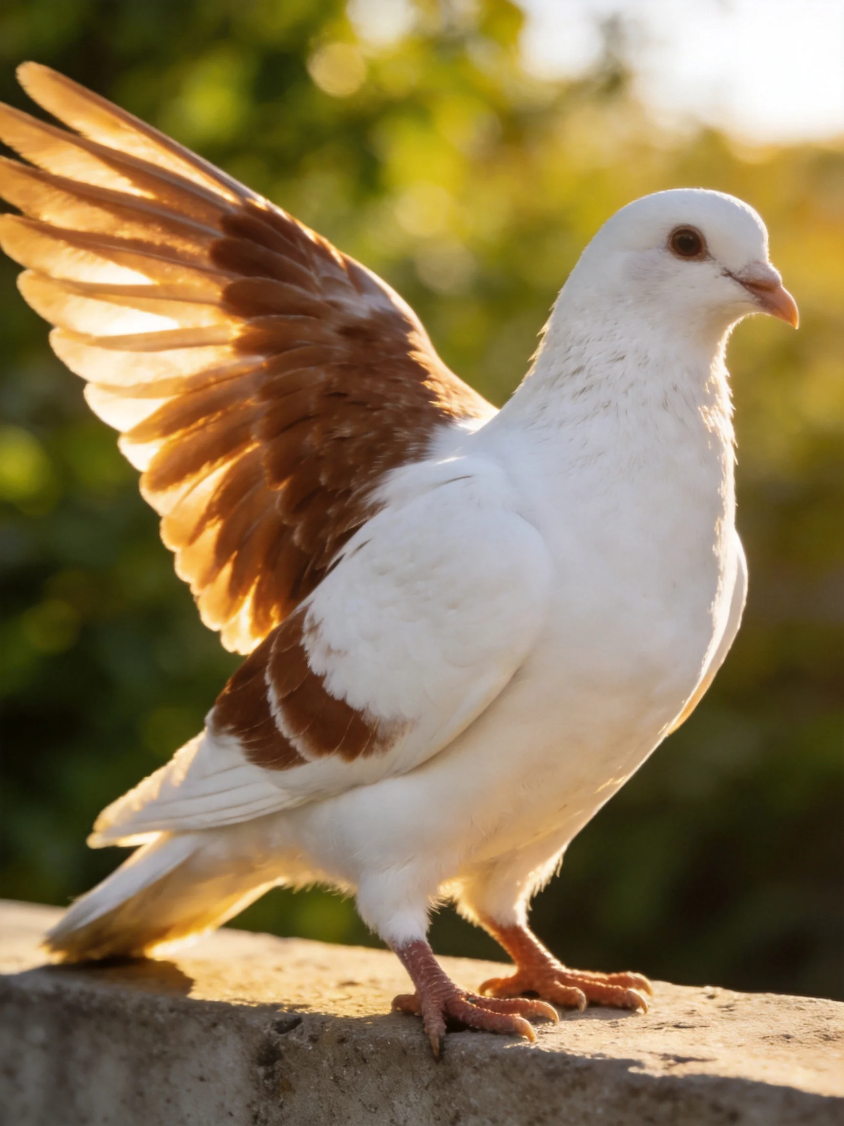 A white and brown pigeon spreading wings on a stone ledge