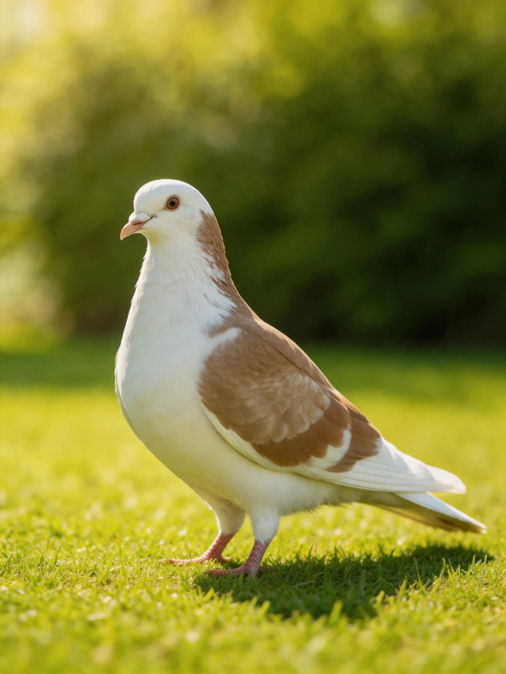 A white and brown pigeon stands on green grass in bright daylight.