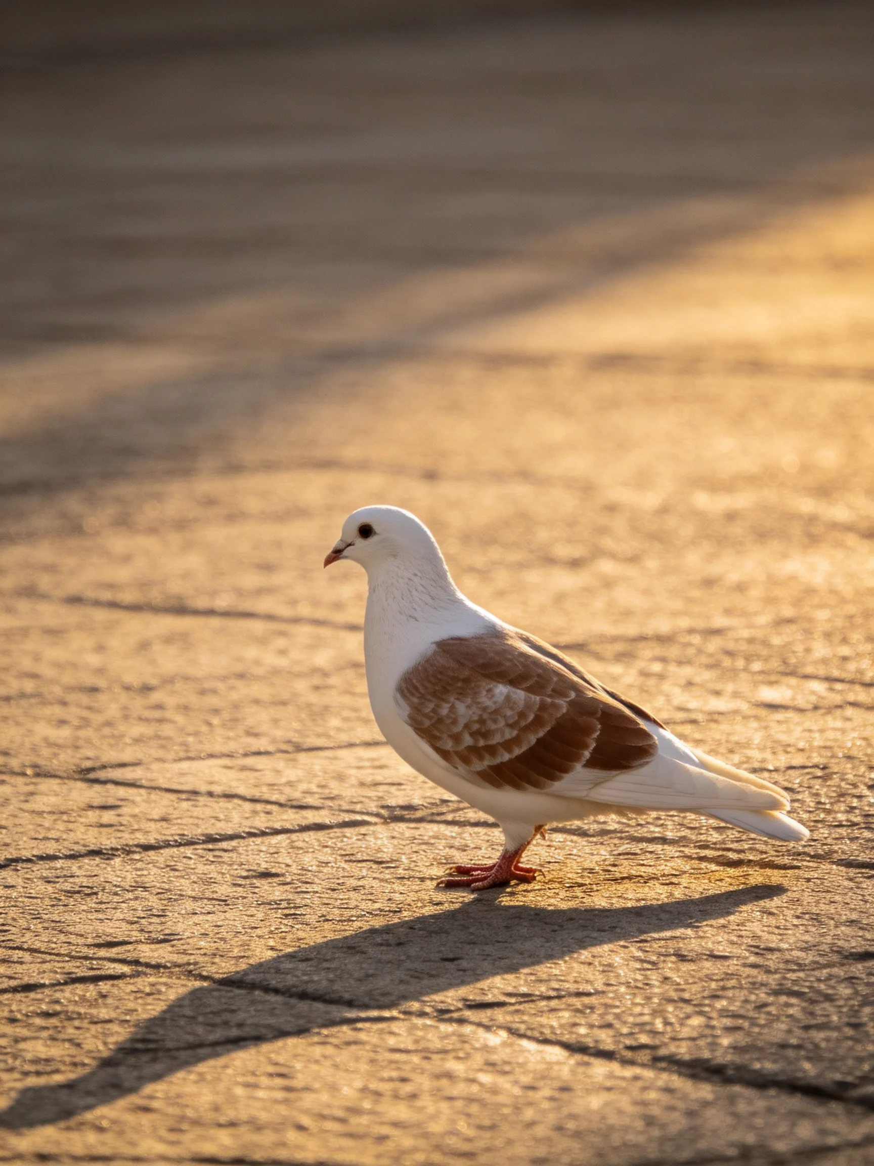 A white and brown pigeon walking on sun-drenched pavement