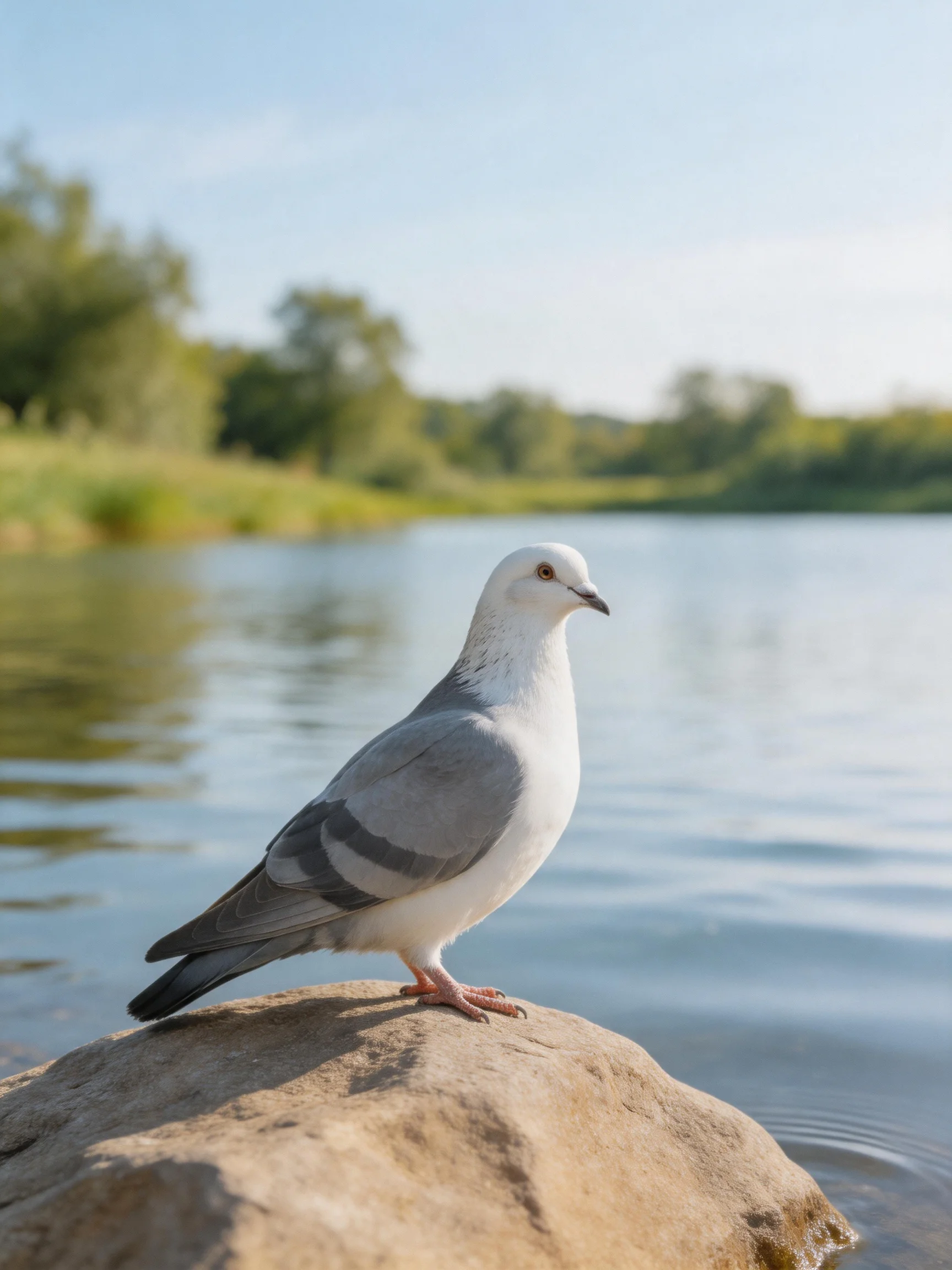 A pigeon stands on a rock beside a peaceful body of water