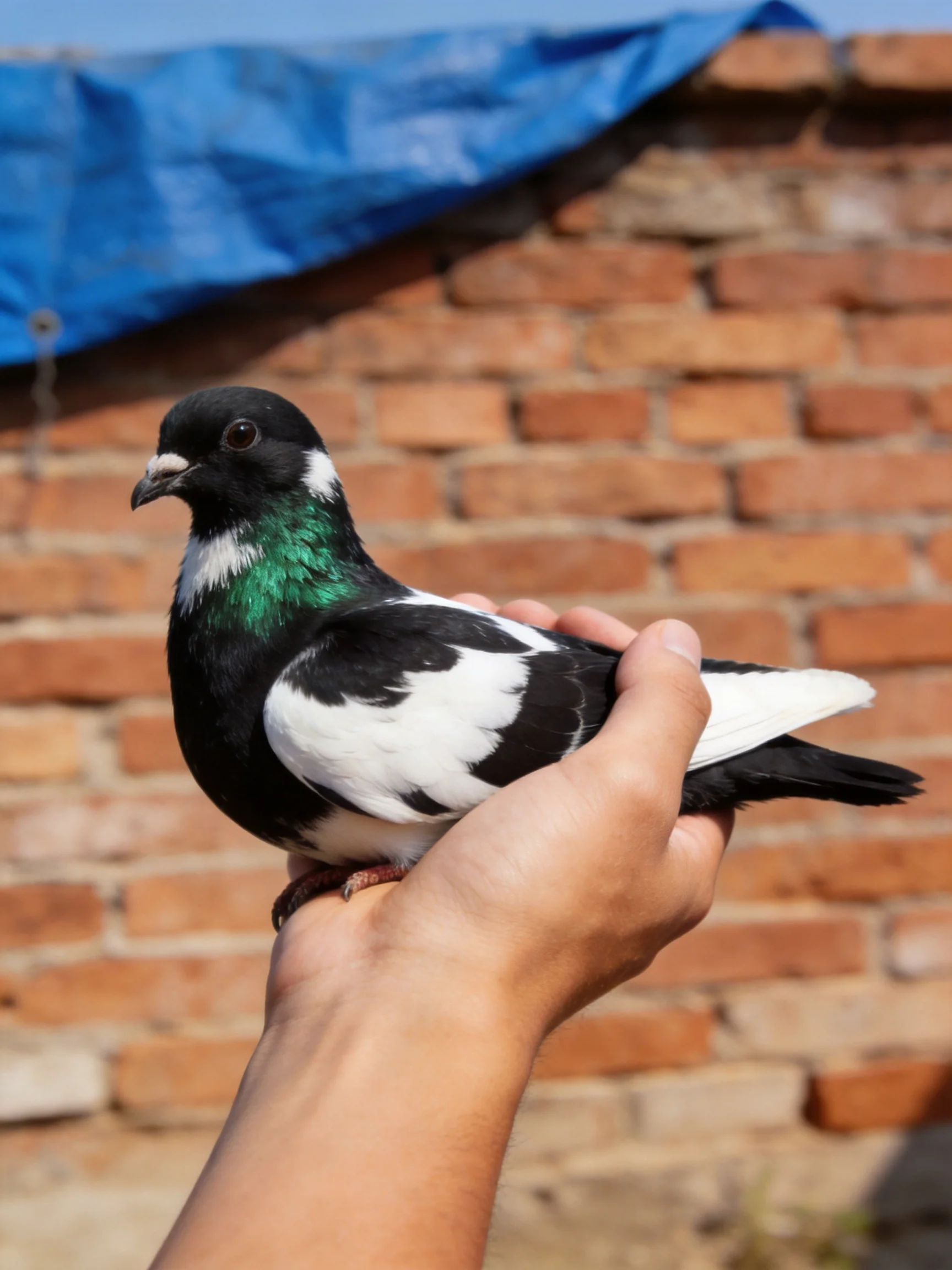 A, white, and green pigeon held near a brick wall