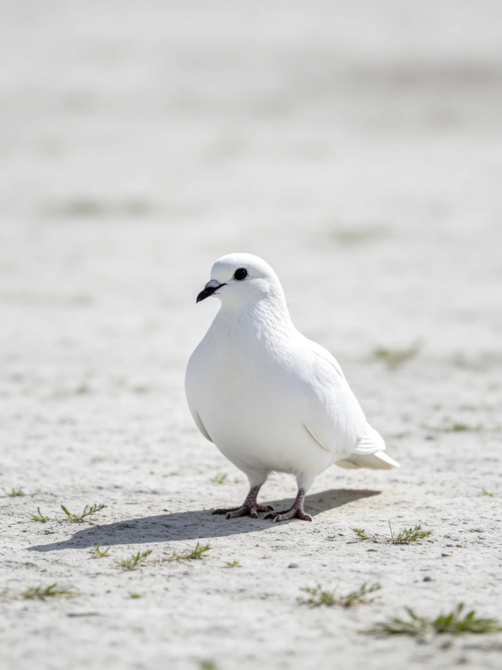 A white bird stands alone on sandy ground with sparse vegetation
