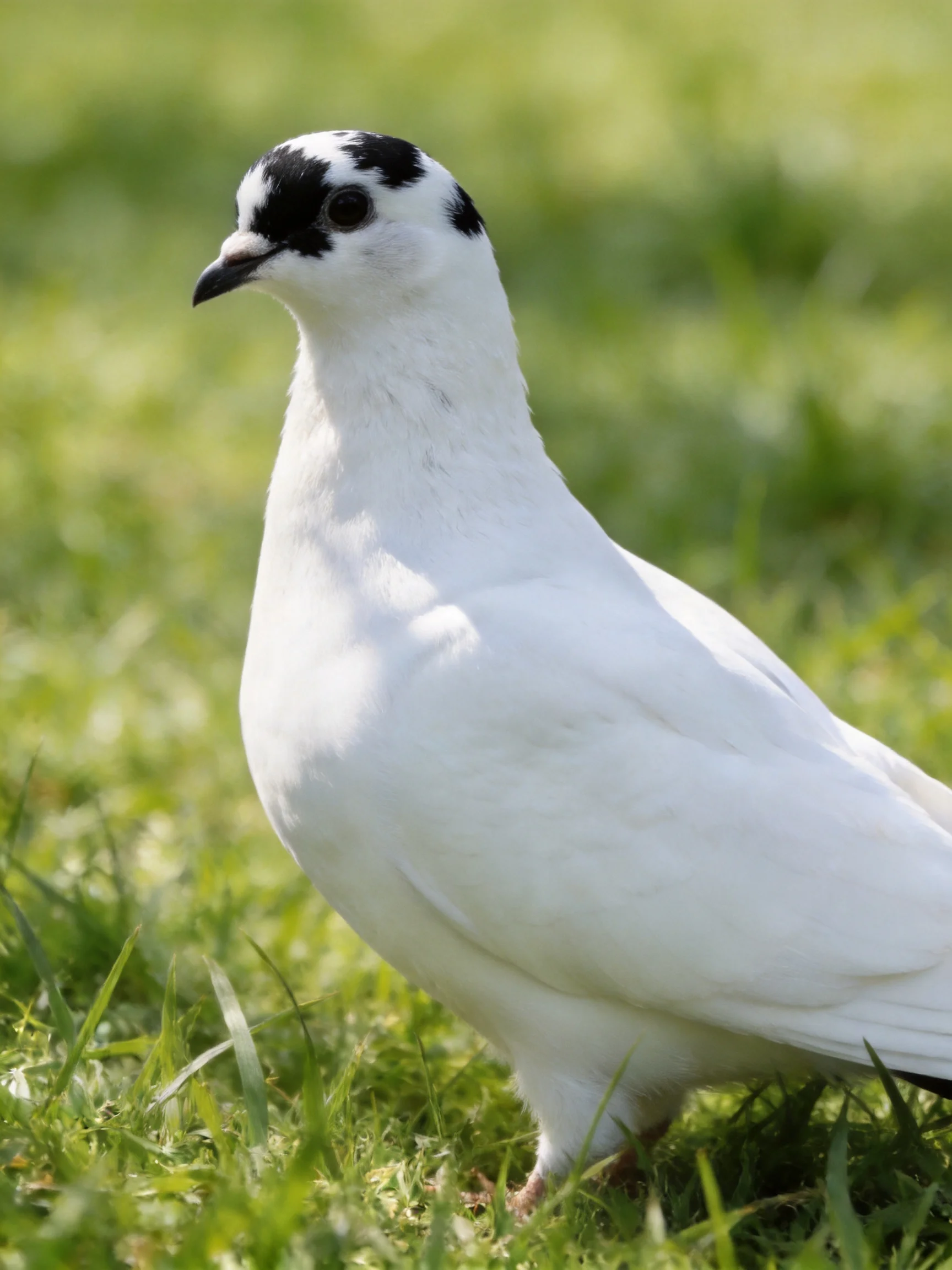 A white bird with black head patches on lush green grass