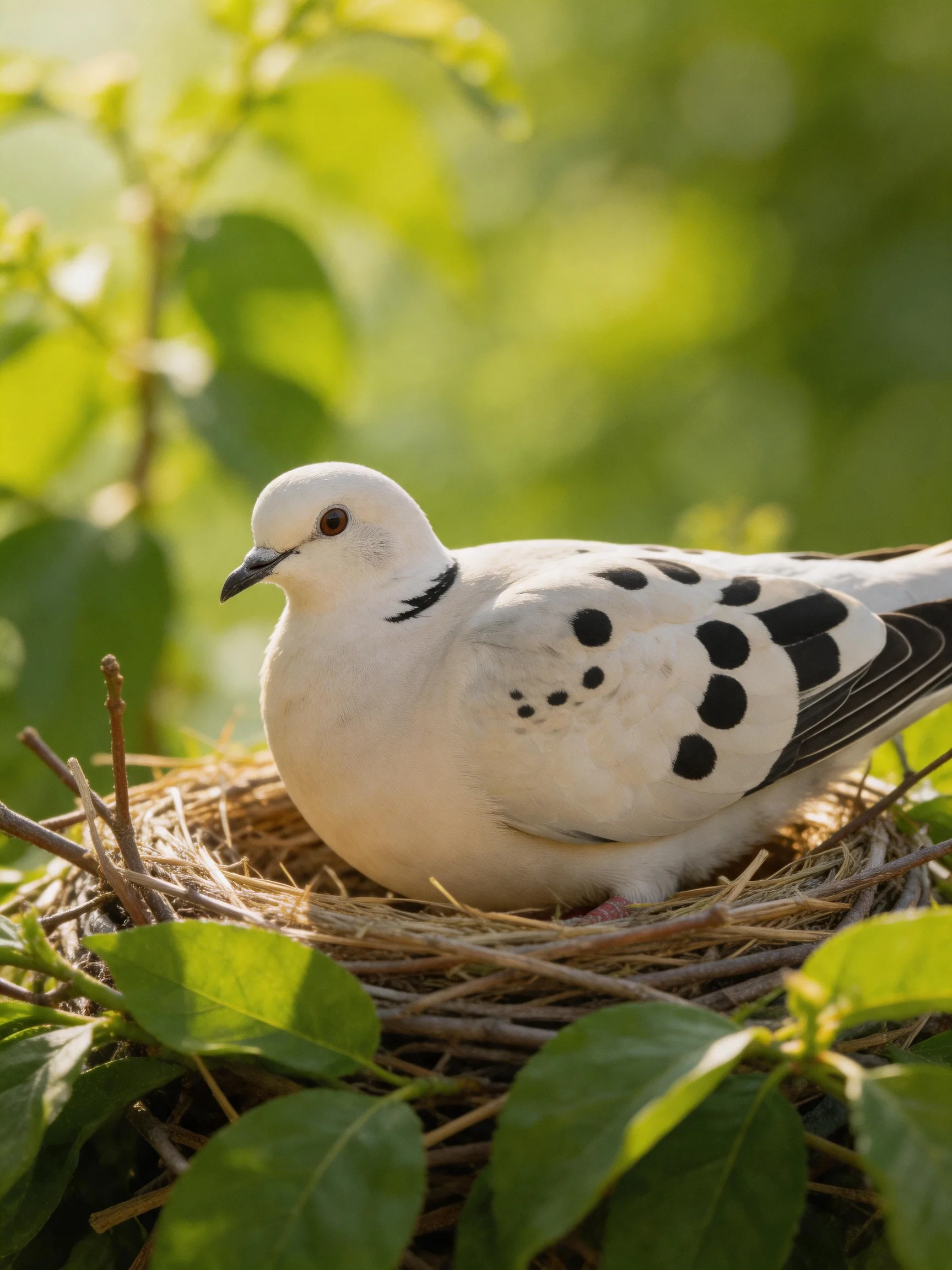 A white bird with black wing spots rests in a straw nest amid green foliage