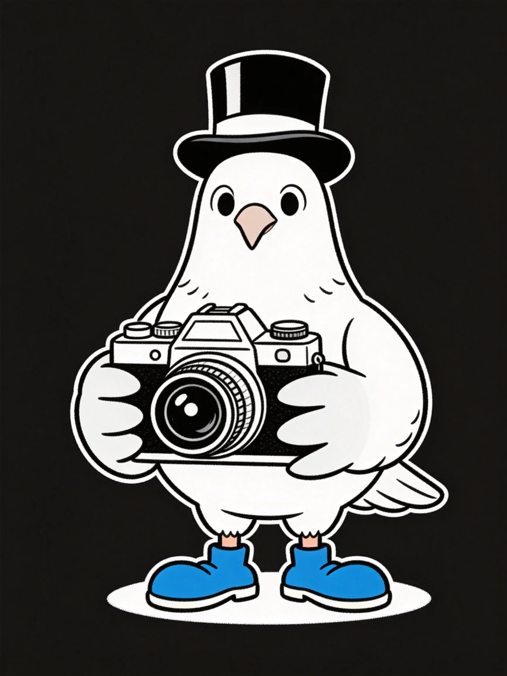 A white cartoon pigeon in a black top hat holds a vintage camera with blue boots