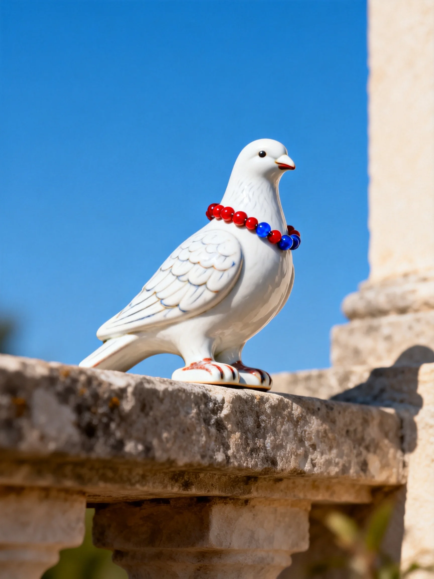 A white ceramic dove adorned with red and blue beads perches on an aged stone ledge