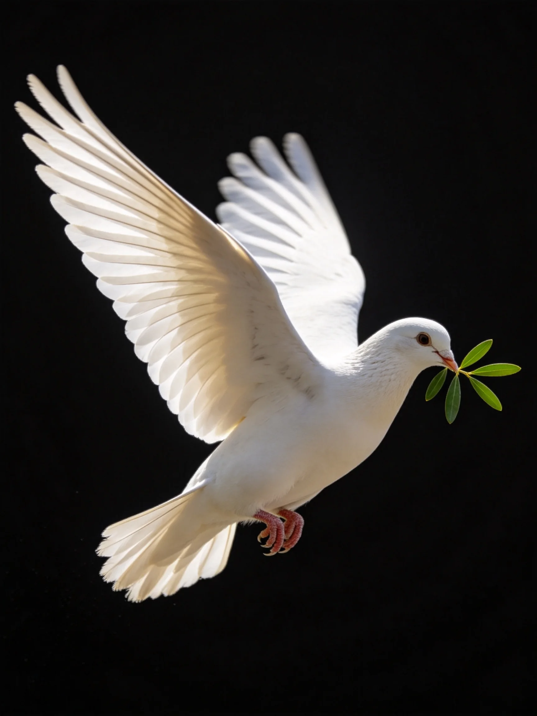 A white dove carrying an olive branch flies against a stark black backdrop