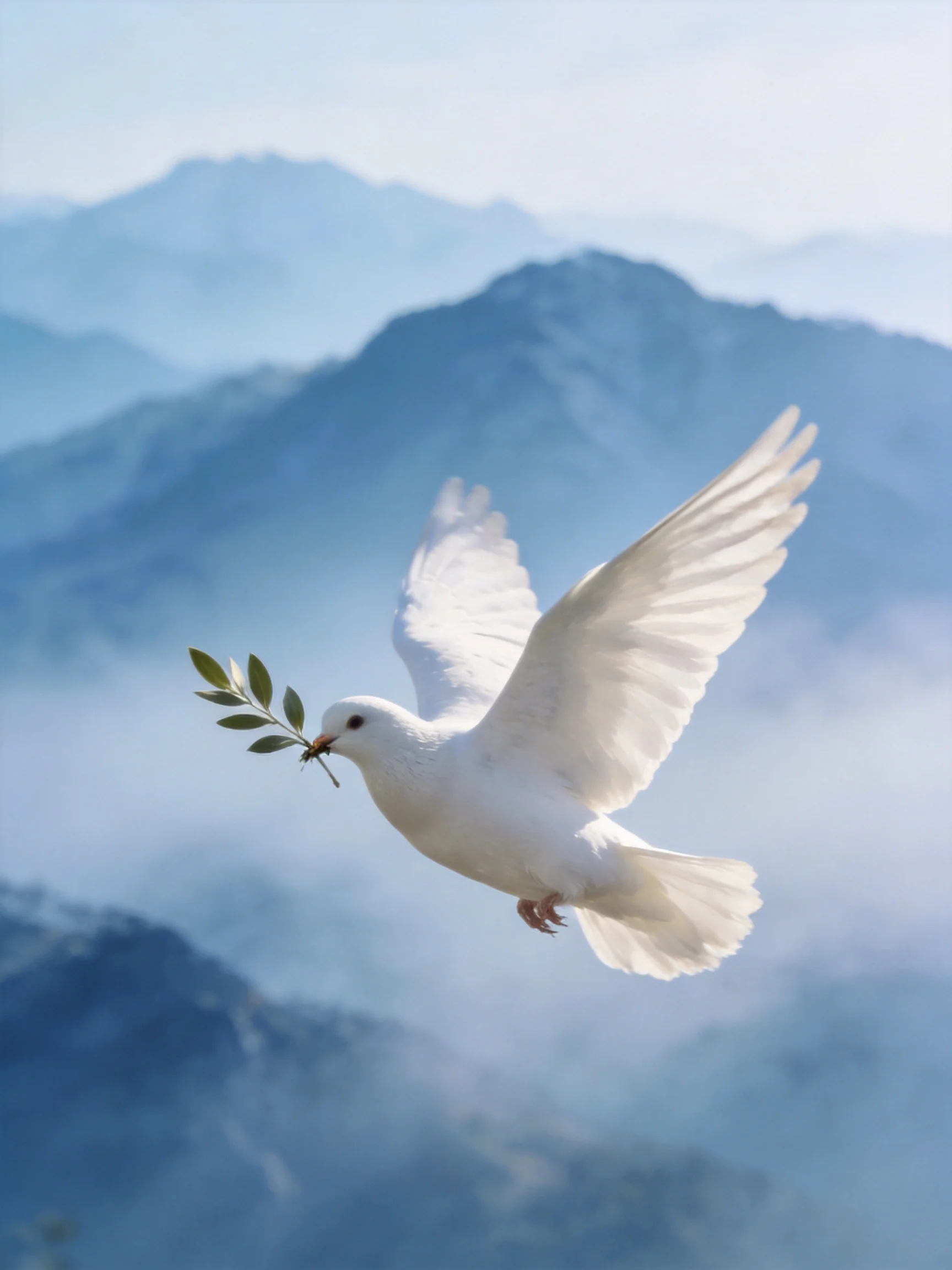 A white dove carrying an olive branch flies over misty blue mountains