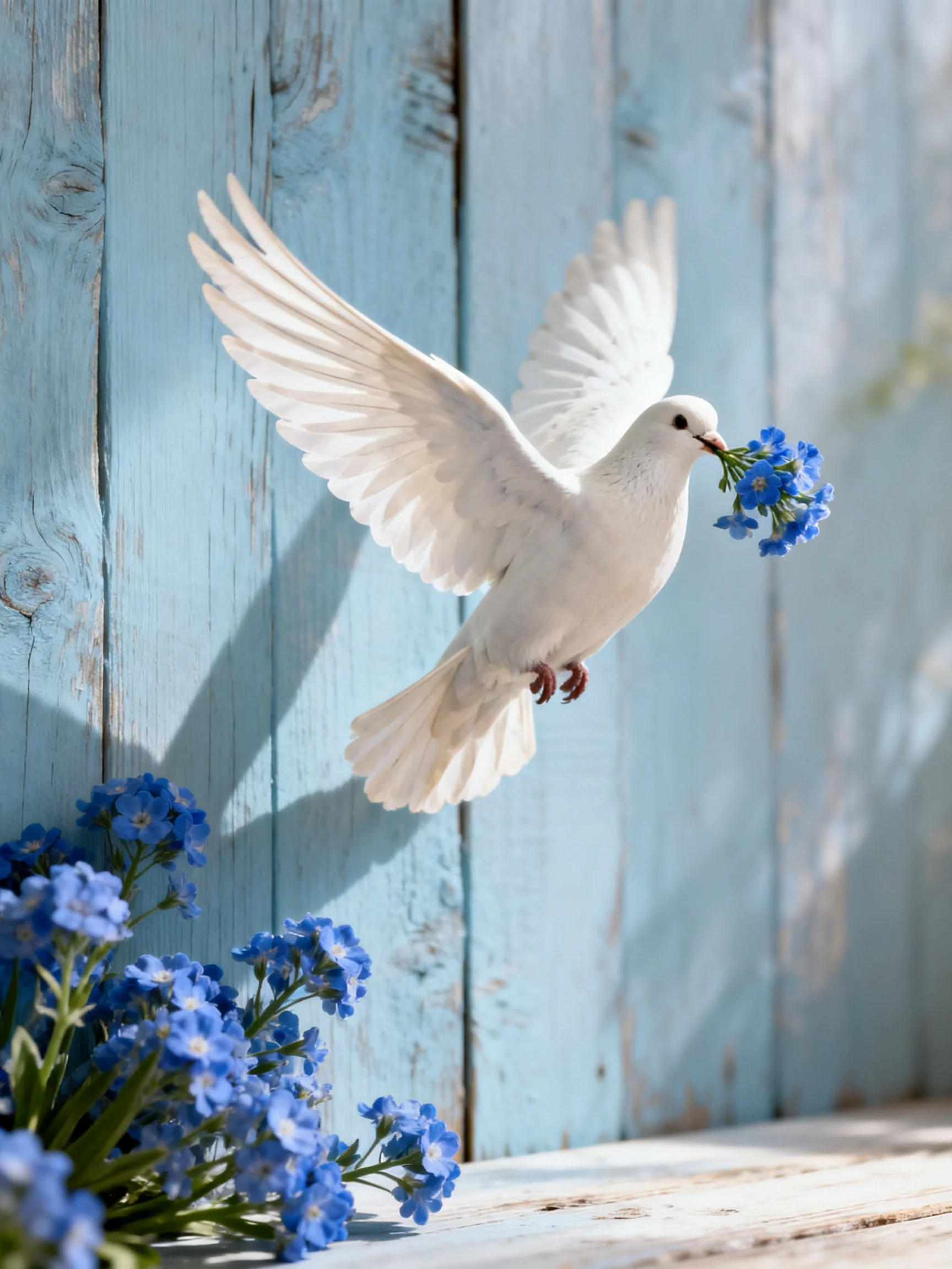 A white dove carrying blue flowers near a weathered light - blue fence