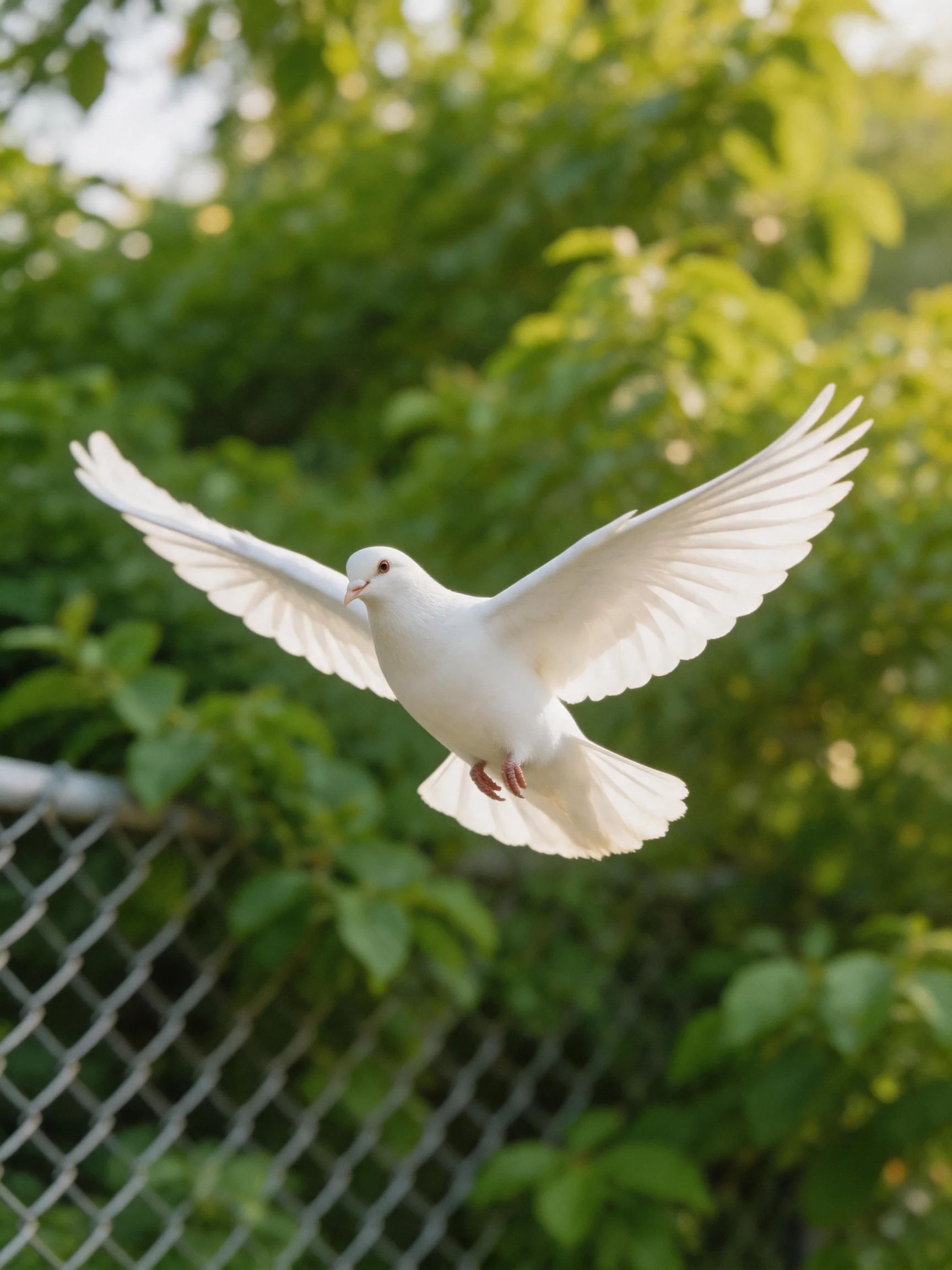 A white dove flies near a chain-link fence