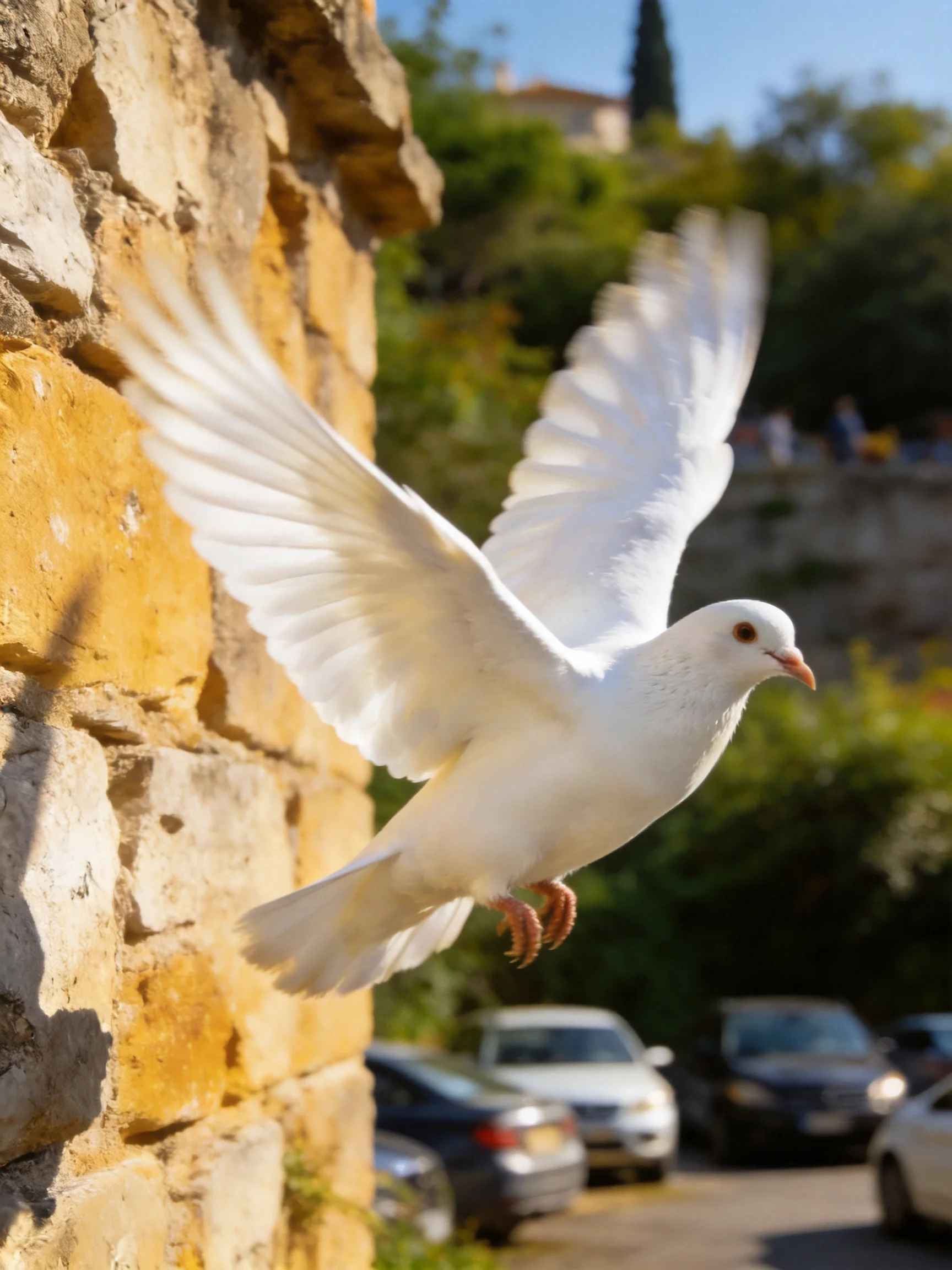 A white dove flies near an aged stone wall with parked cars