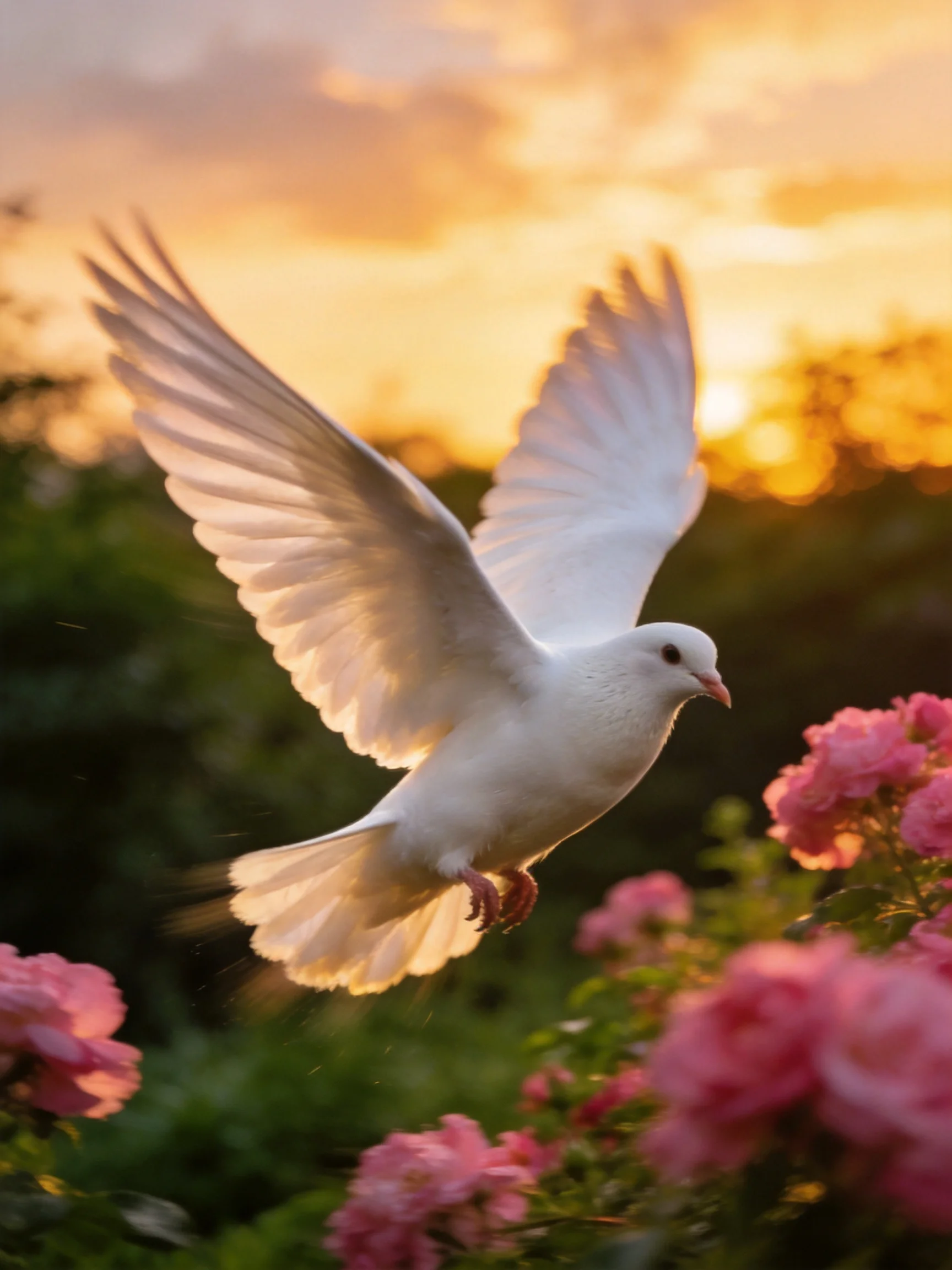 A white dove flies near vibrant pink roses under golden sunset light