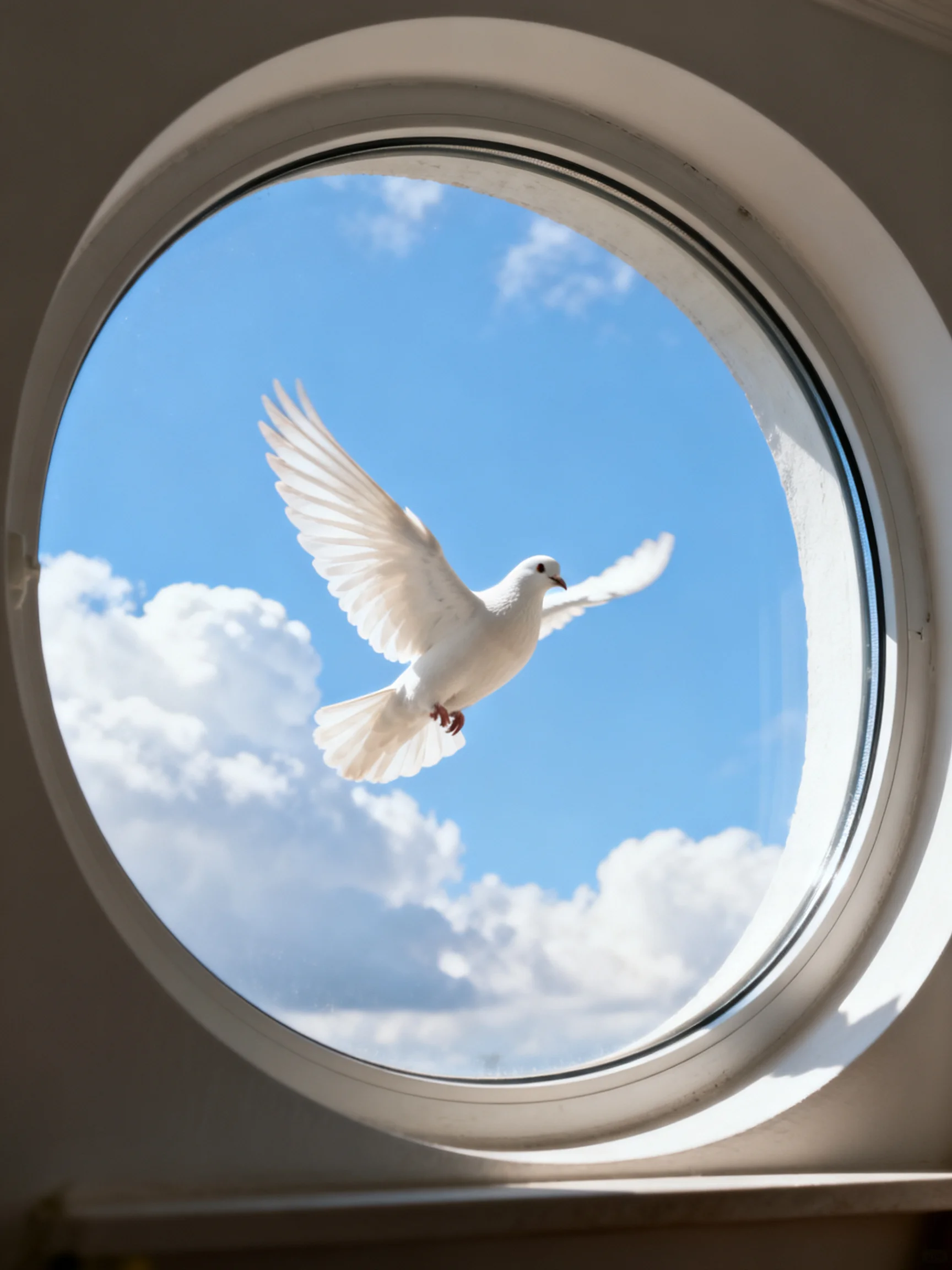 A white dove flies through a round window with blue sky and clouds