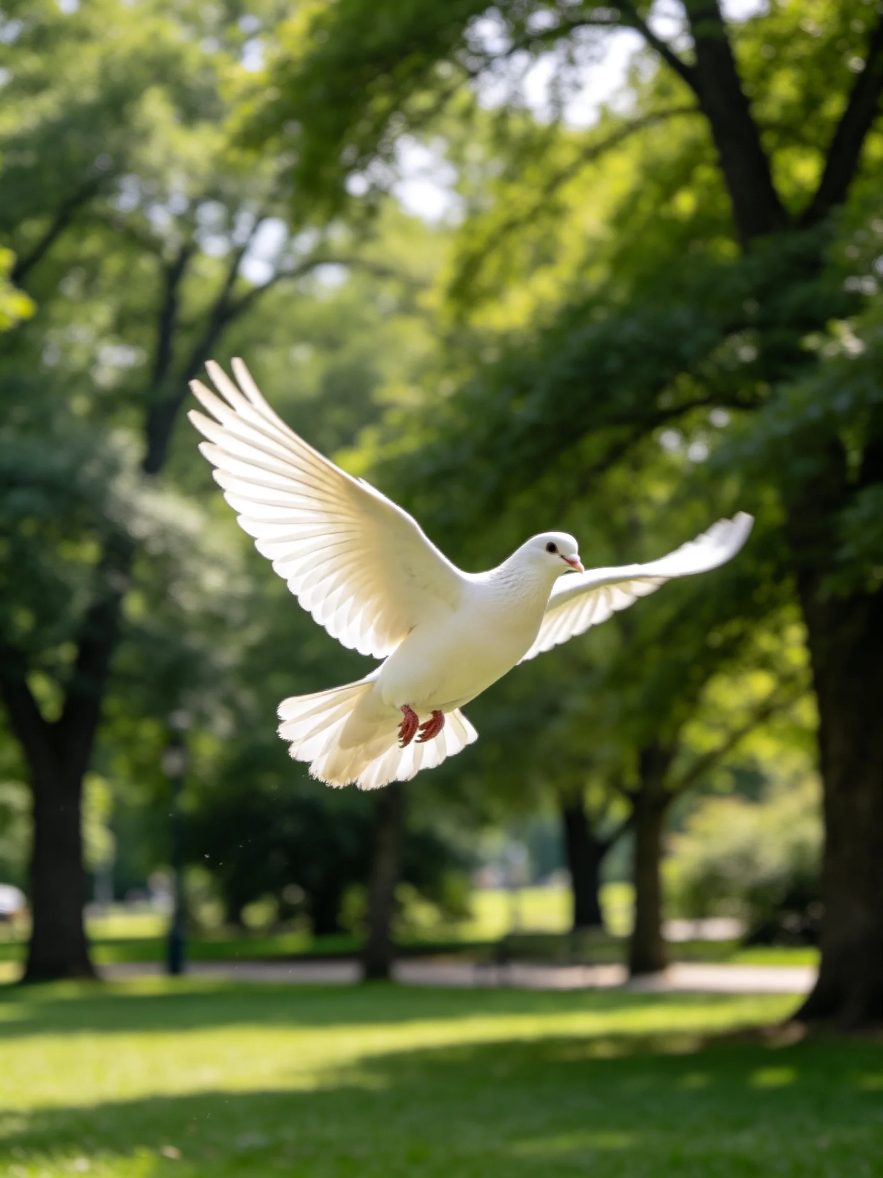 A white dove flies gracefully in a sunlit park with green trees.