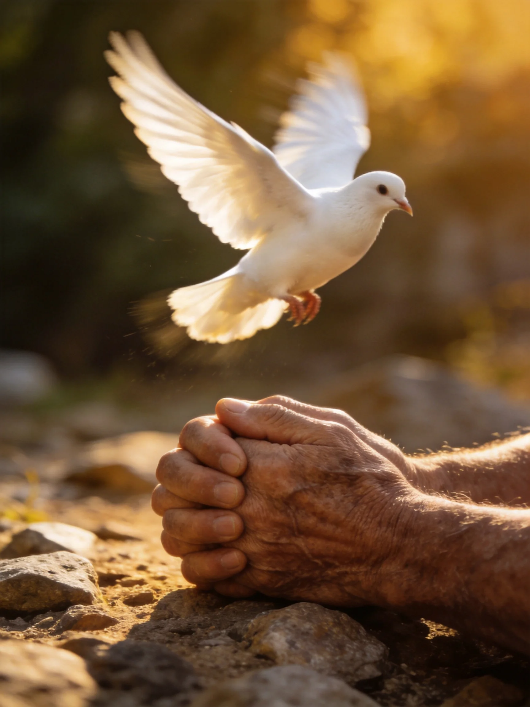 A white dove flies toward clasped hands on rocky ground under golden light