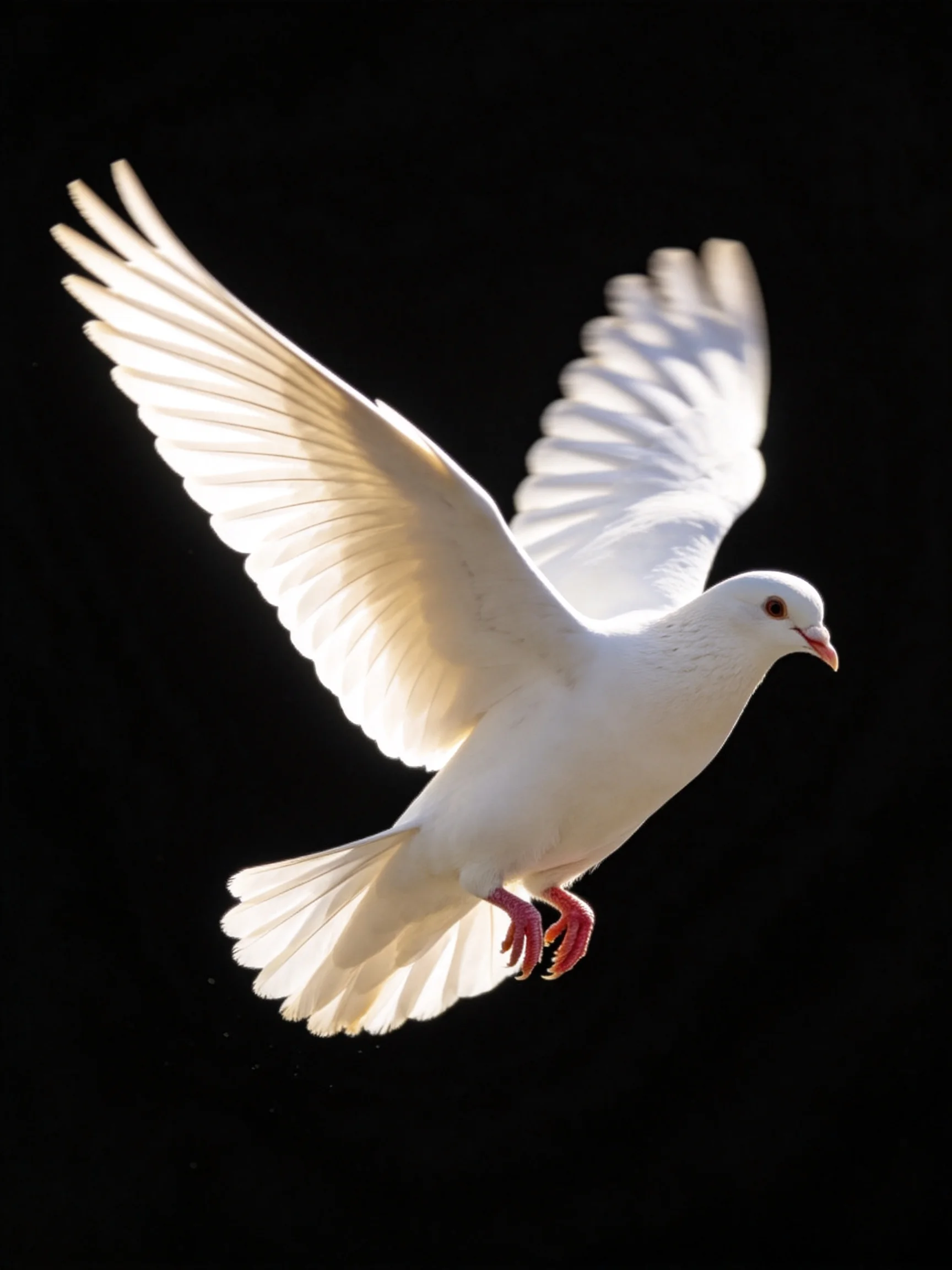 A white dove flies with outstretched wings against a black backdrop