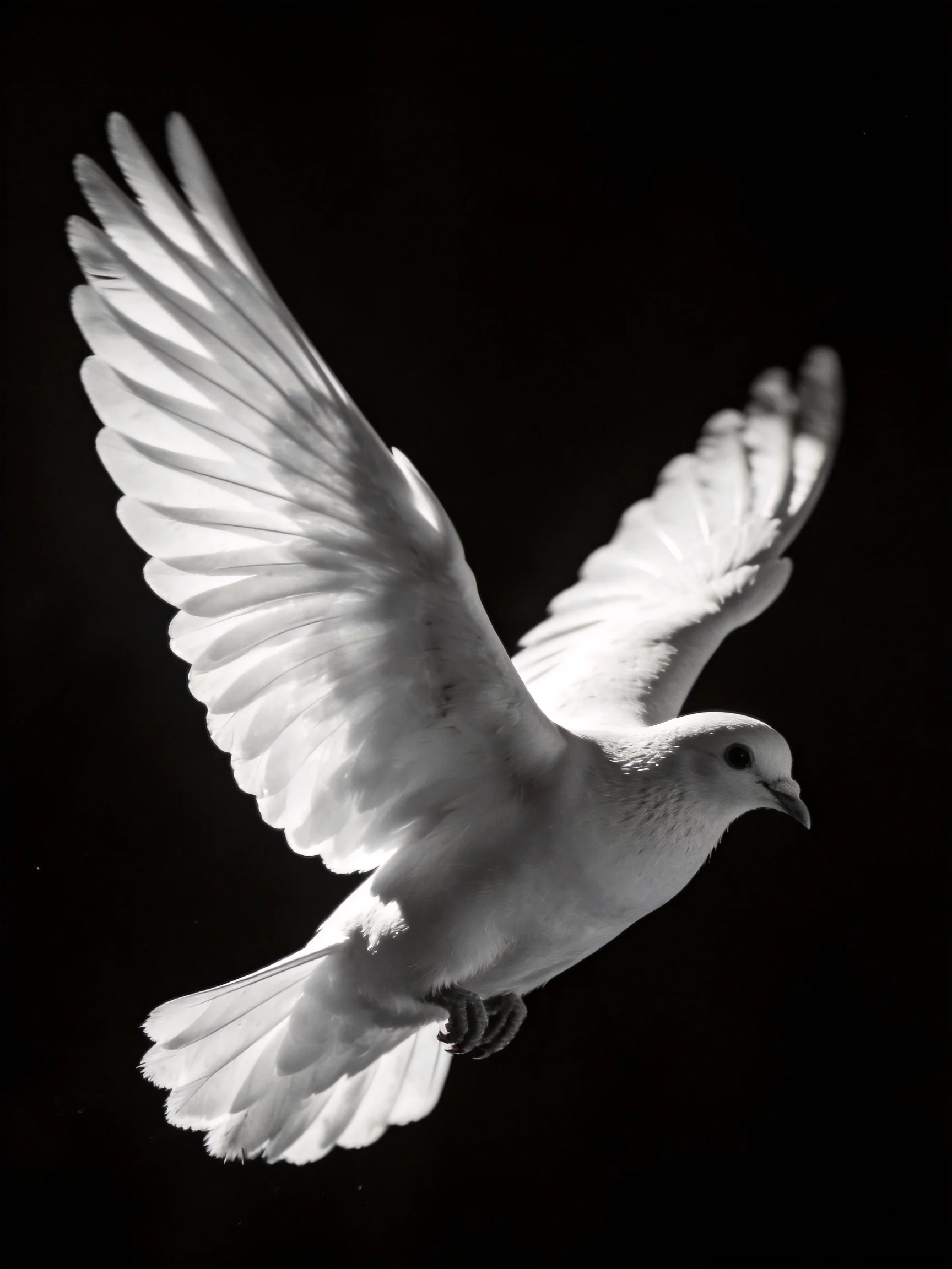 A white dove flies with outstretched wings against a dark backdrop