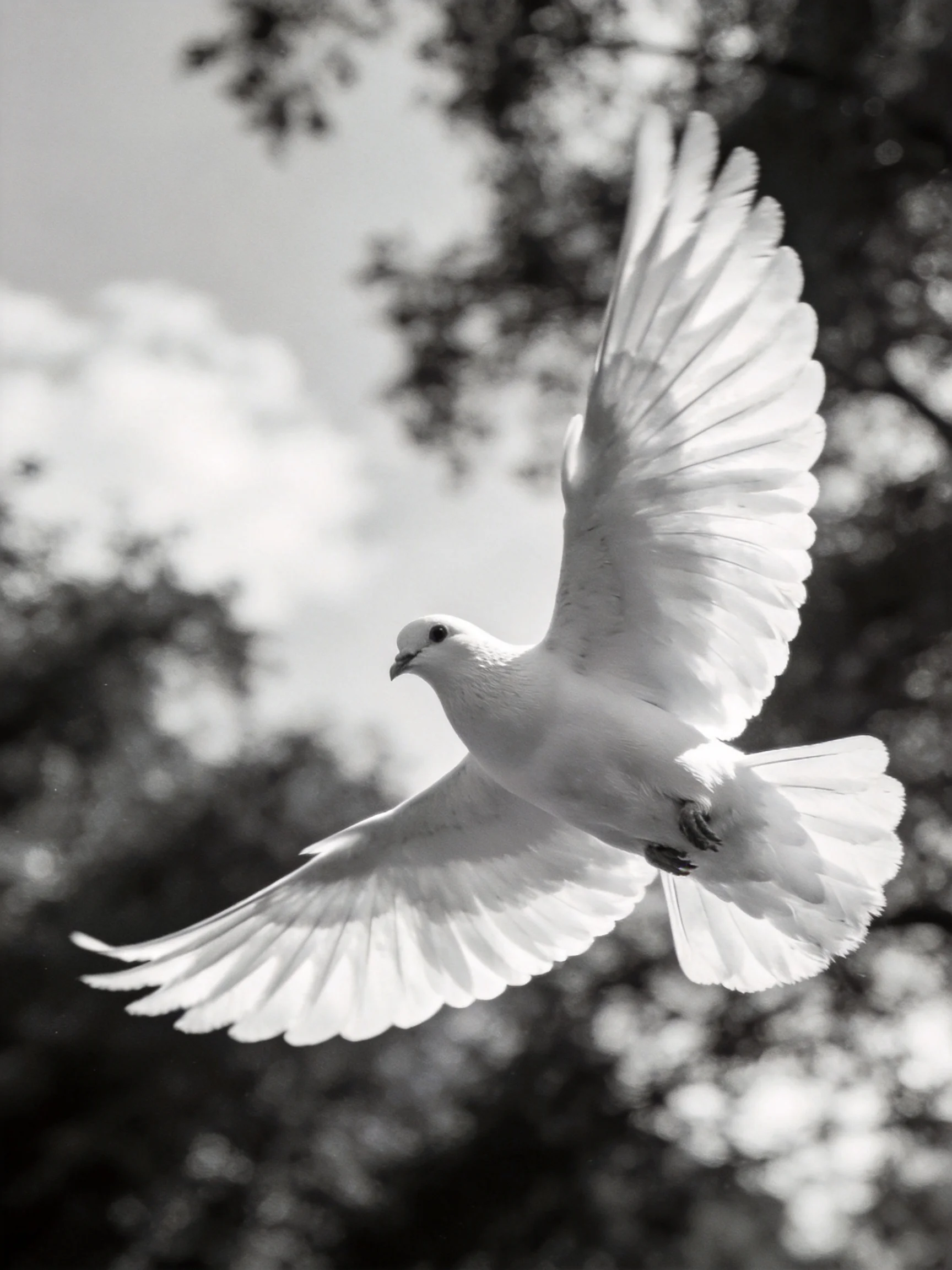 A white dove flies with outstretched wings against blurred trees