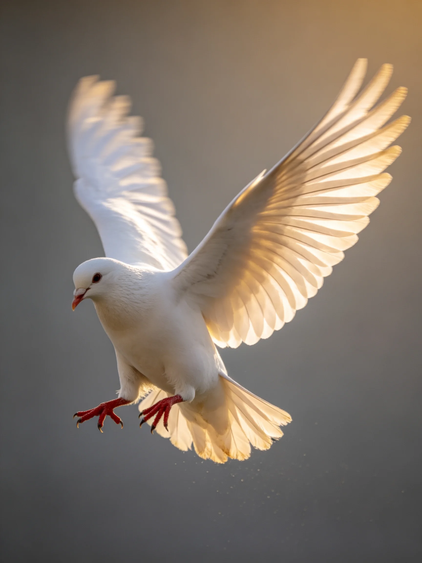 A white dove flies with outstretched wings illuminated by golden light
