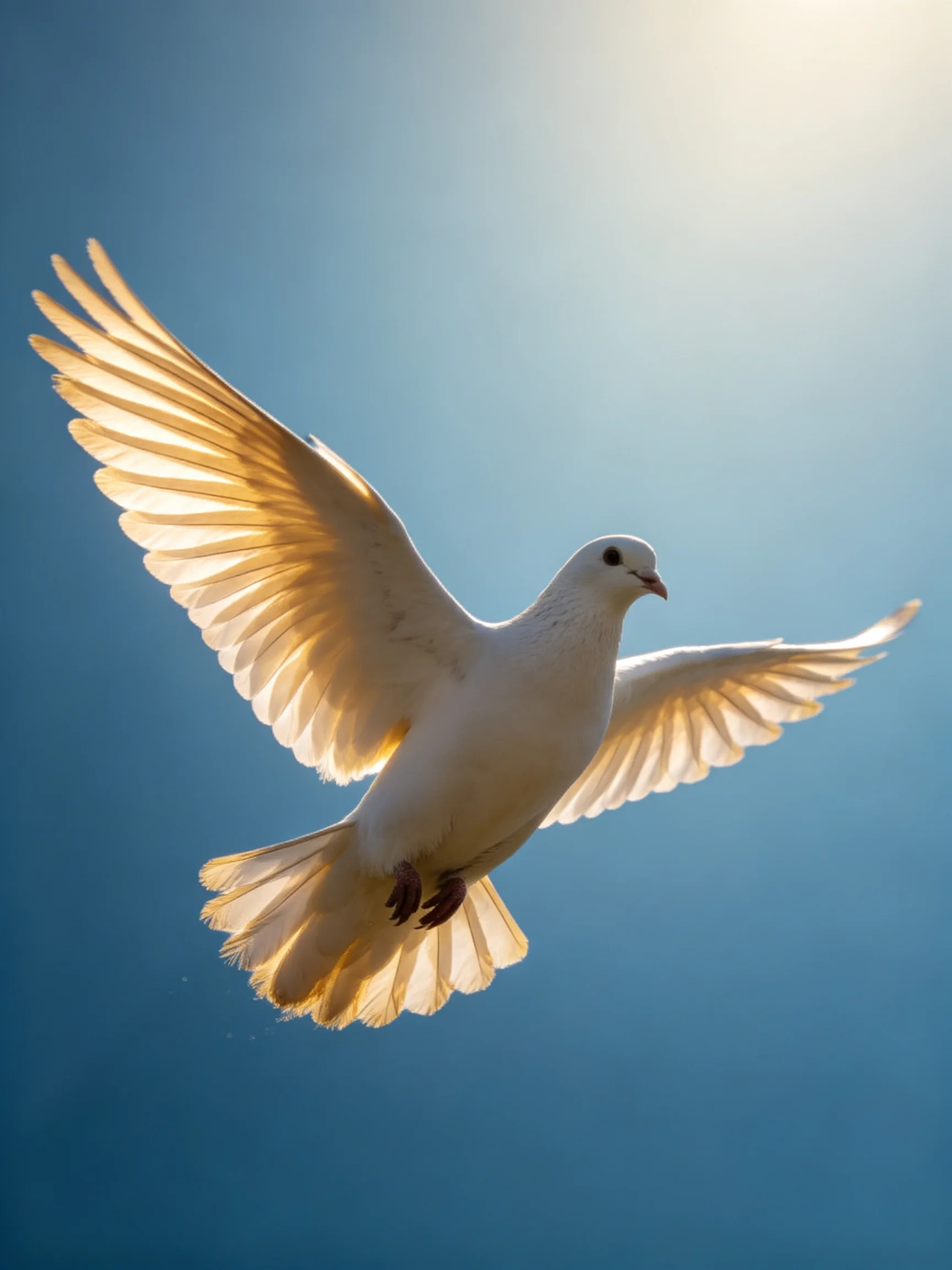 A white dove flies with outstretched wings under golden sunlight against a blue sky