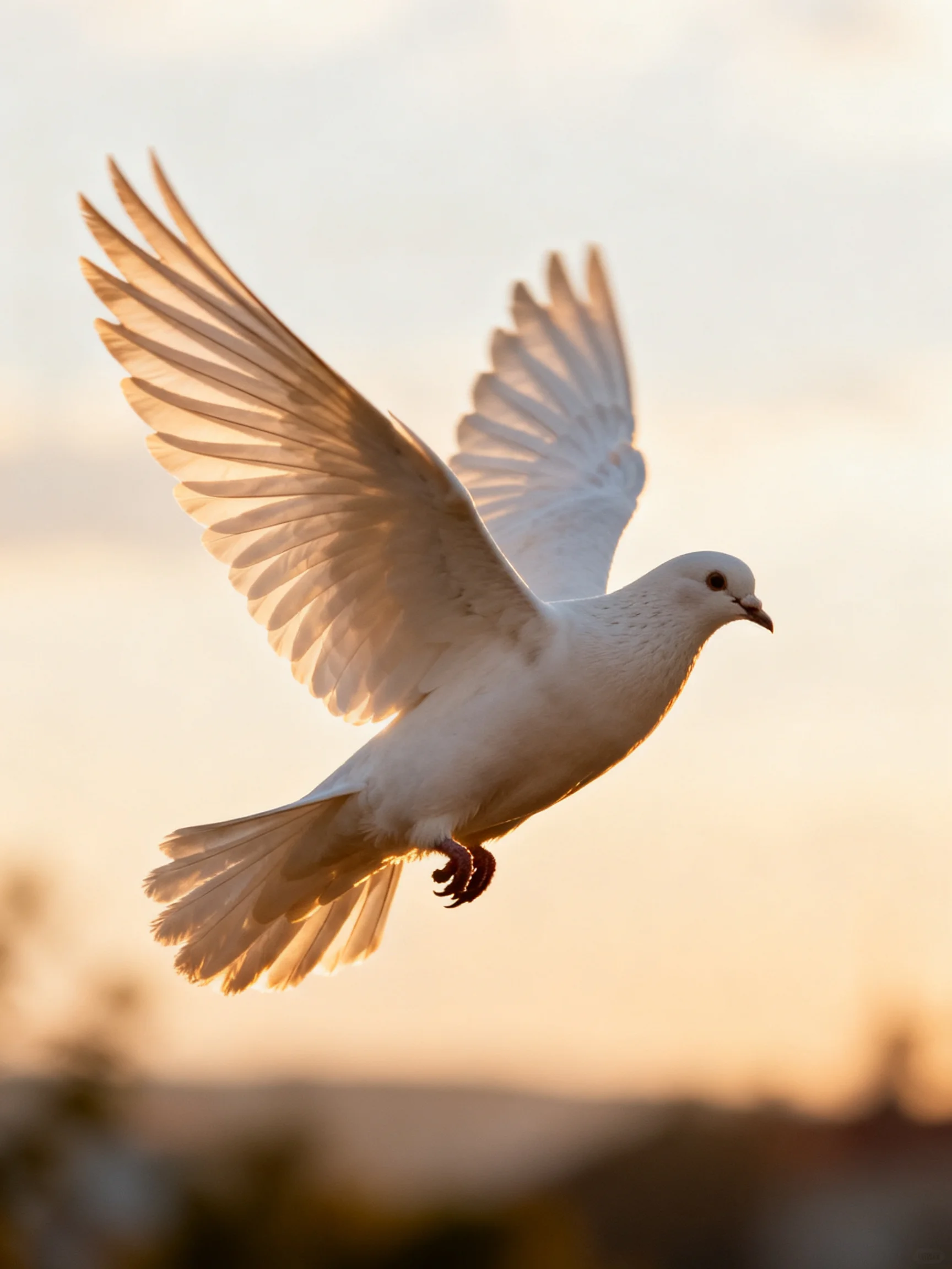 A white dove flying with outstretched wings in a golden sunset sky