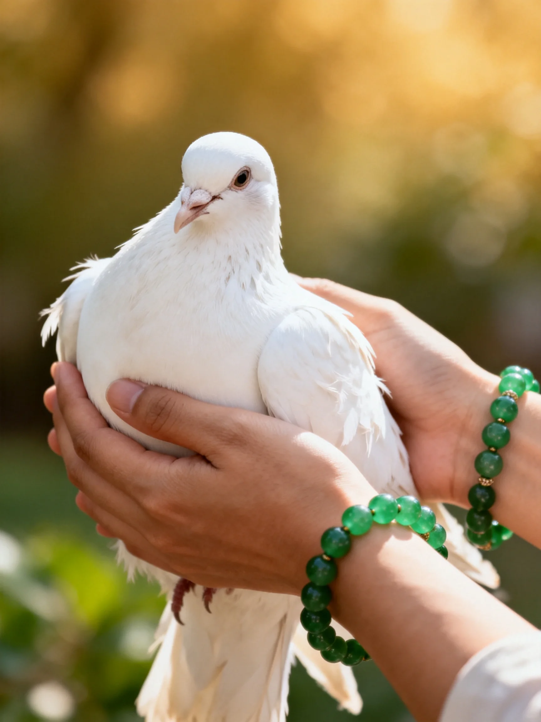 A white dove held by hands with green beaded bracelets