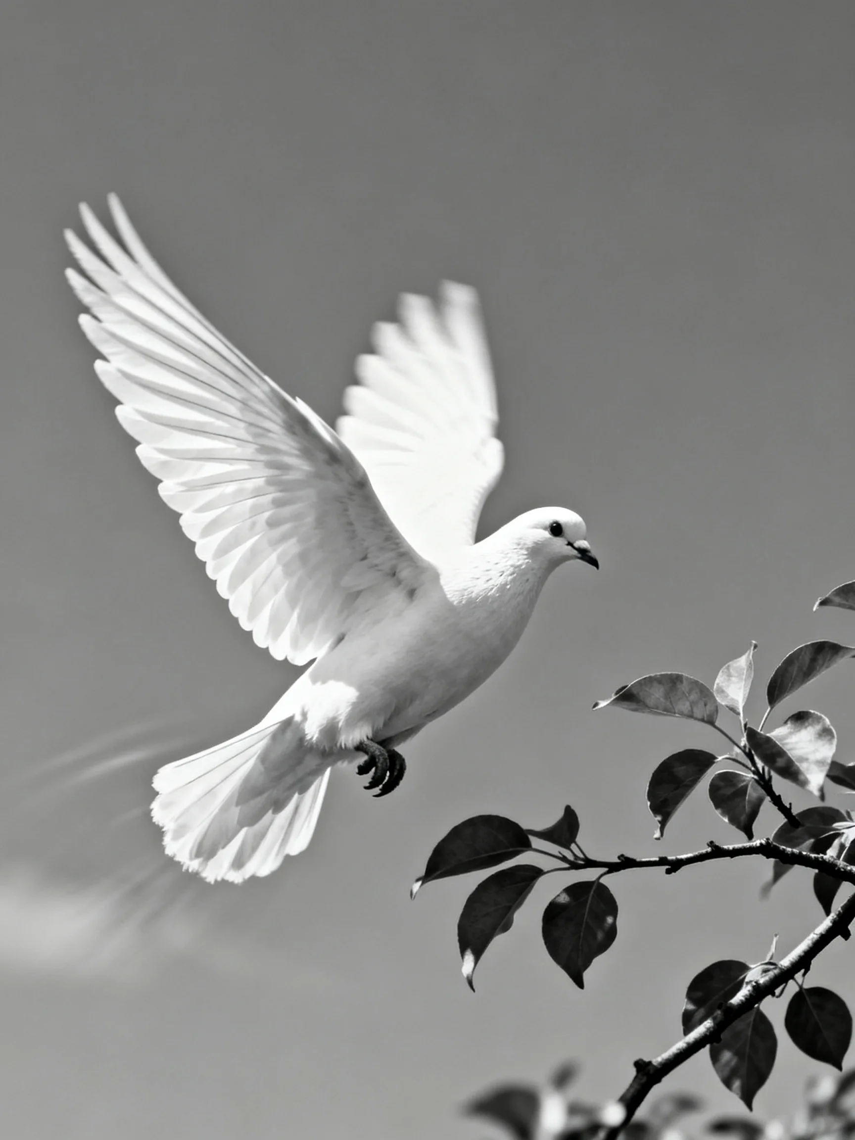 A white dove in mid-flight near a leafy branch