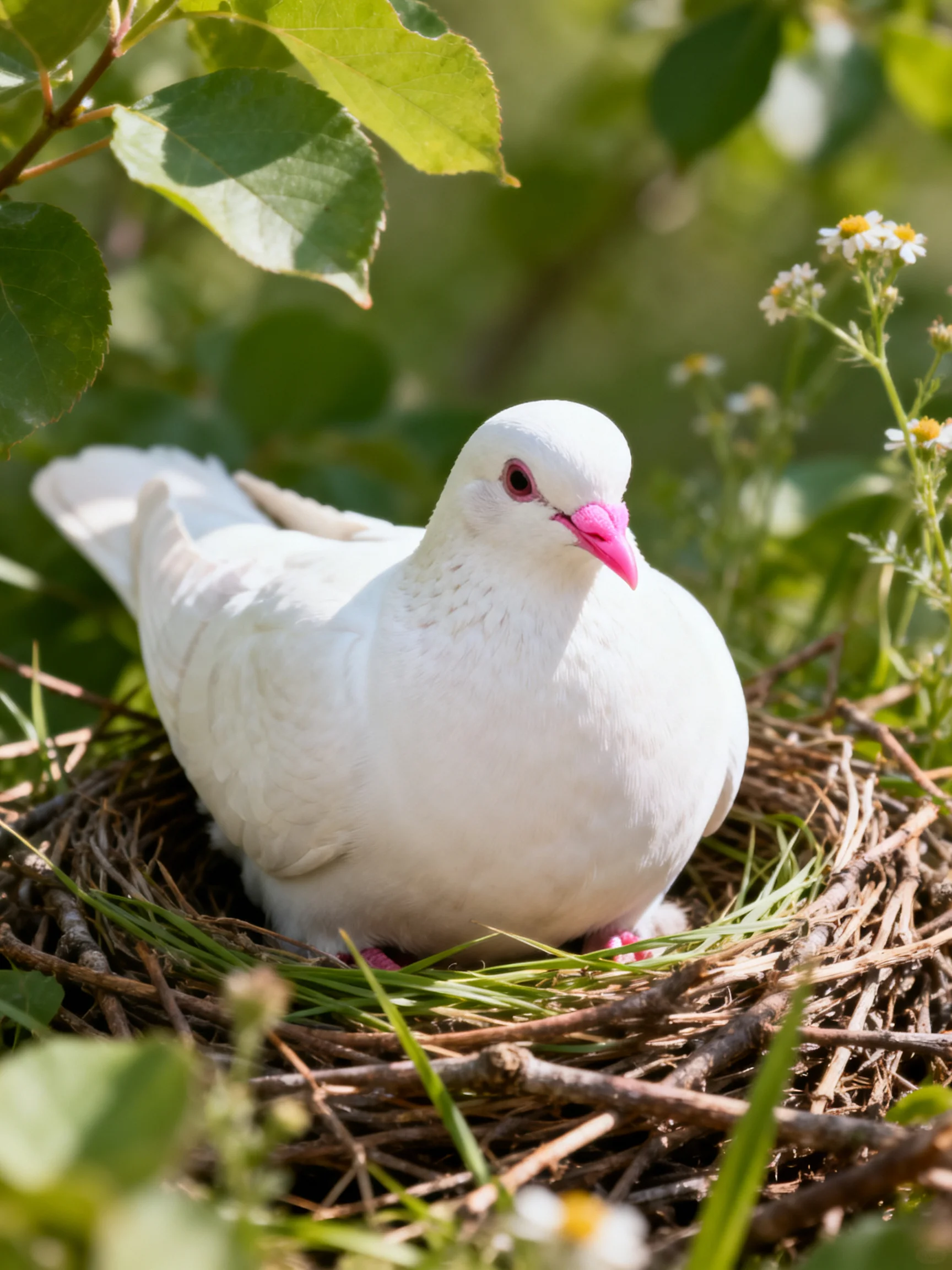 A white dove nesting in a twig-filled nest amid green foliage
