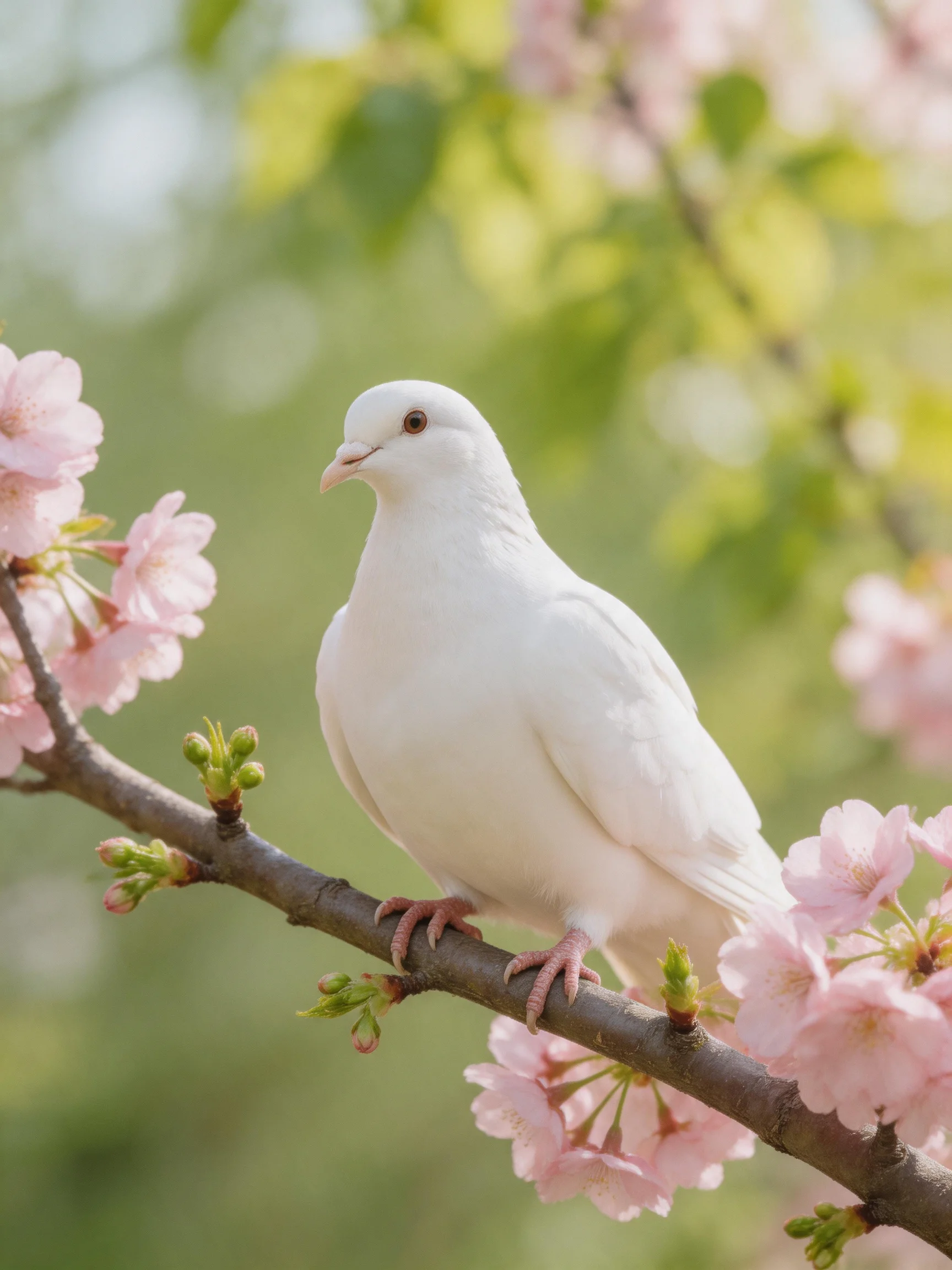 A white dove perched among pink cherry blossoms on a tree branch