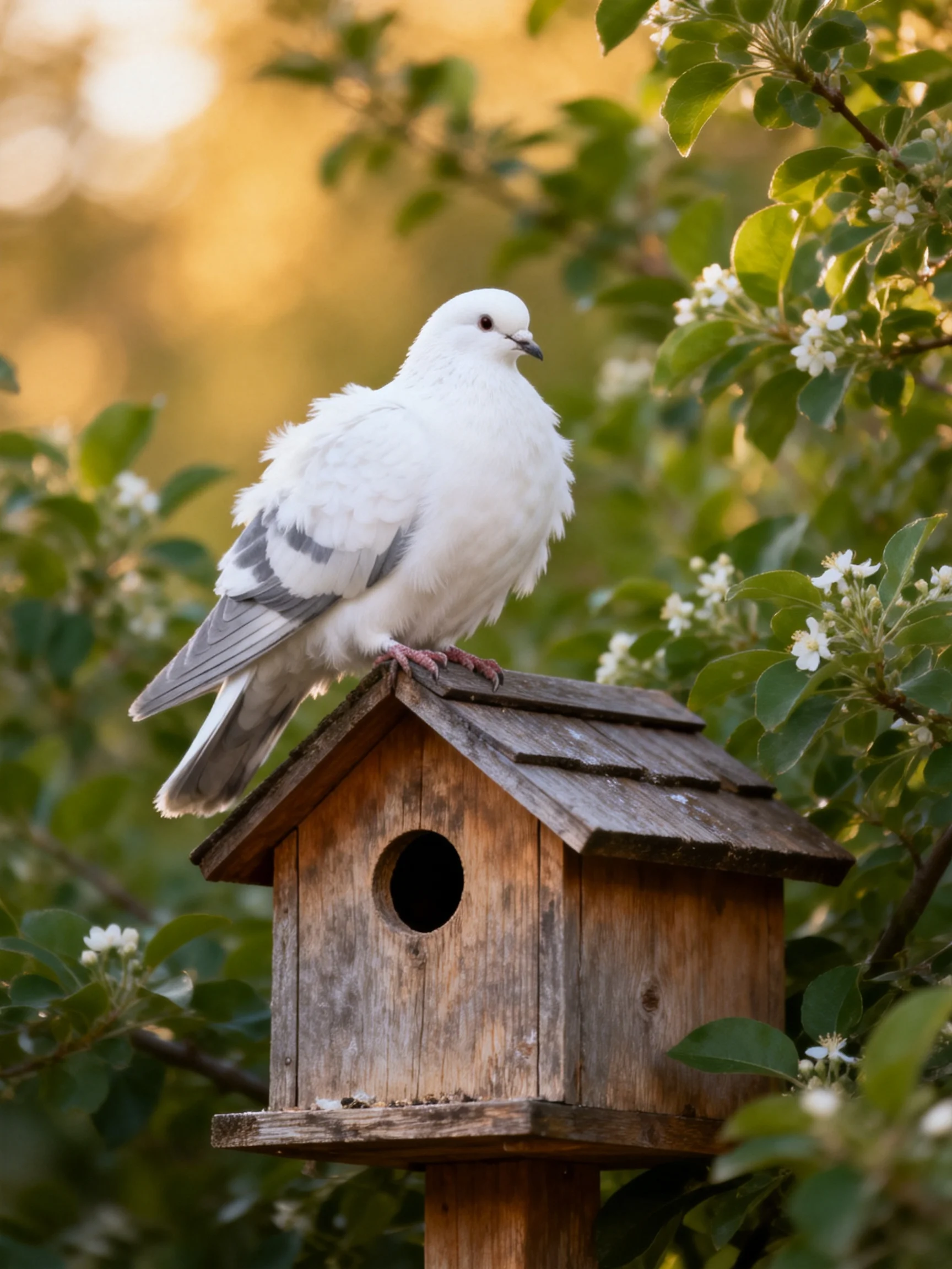 A white dove perched atop an aged wooden birdhouse amid green foliage