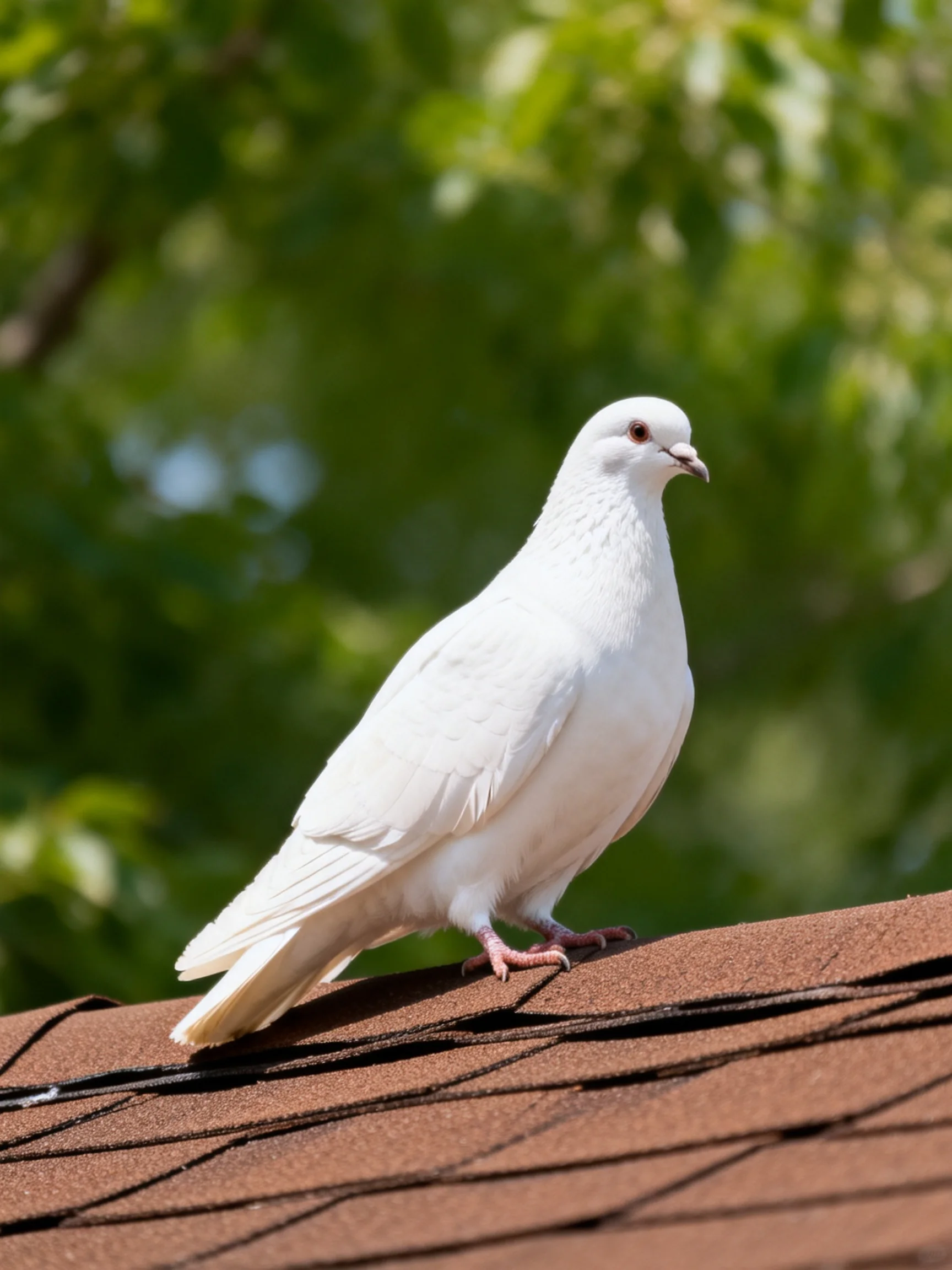 A white dove perched on a brown shingled roof with green foliage