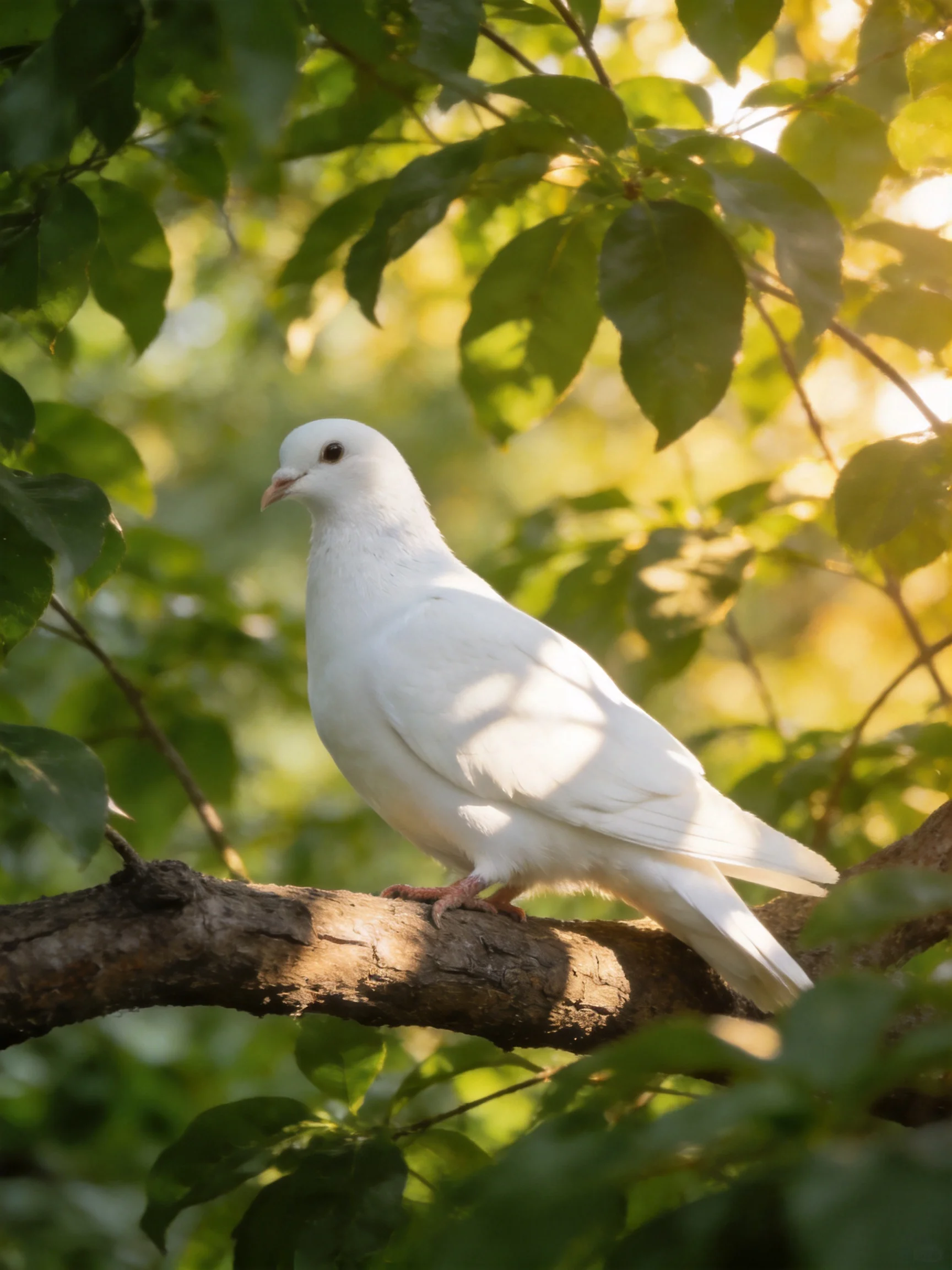 A white dove perched on a brown tree branch amid green foliage