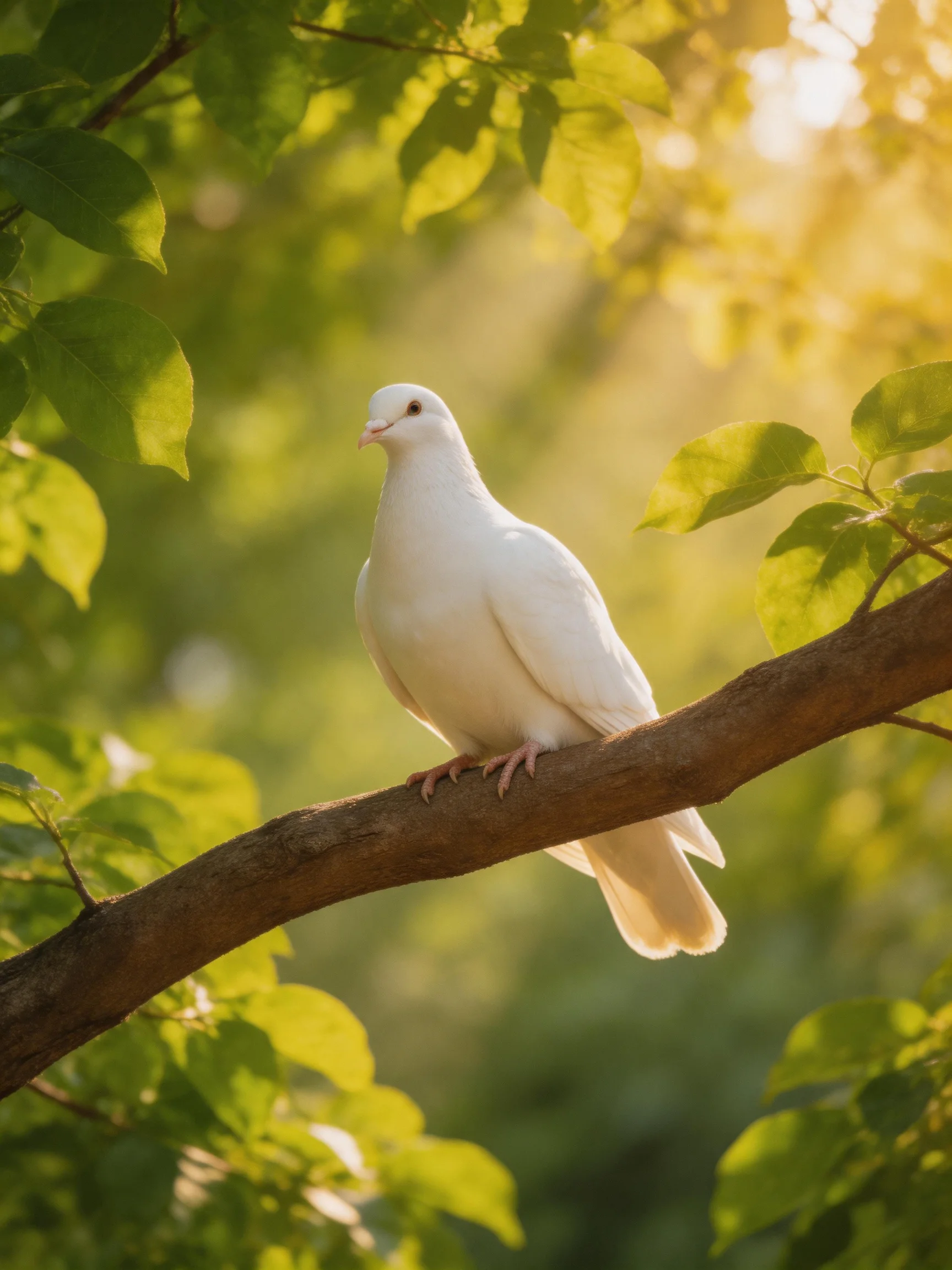 A white dove perched on a brown tree branch amid green foliage