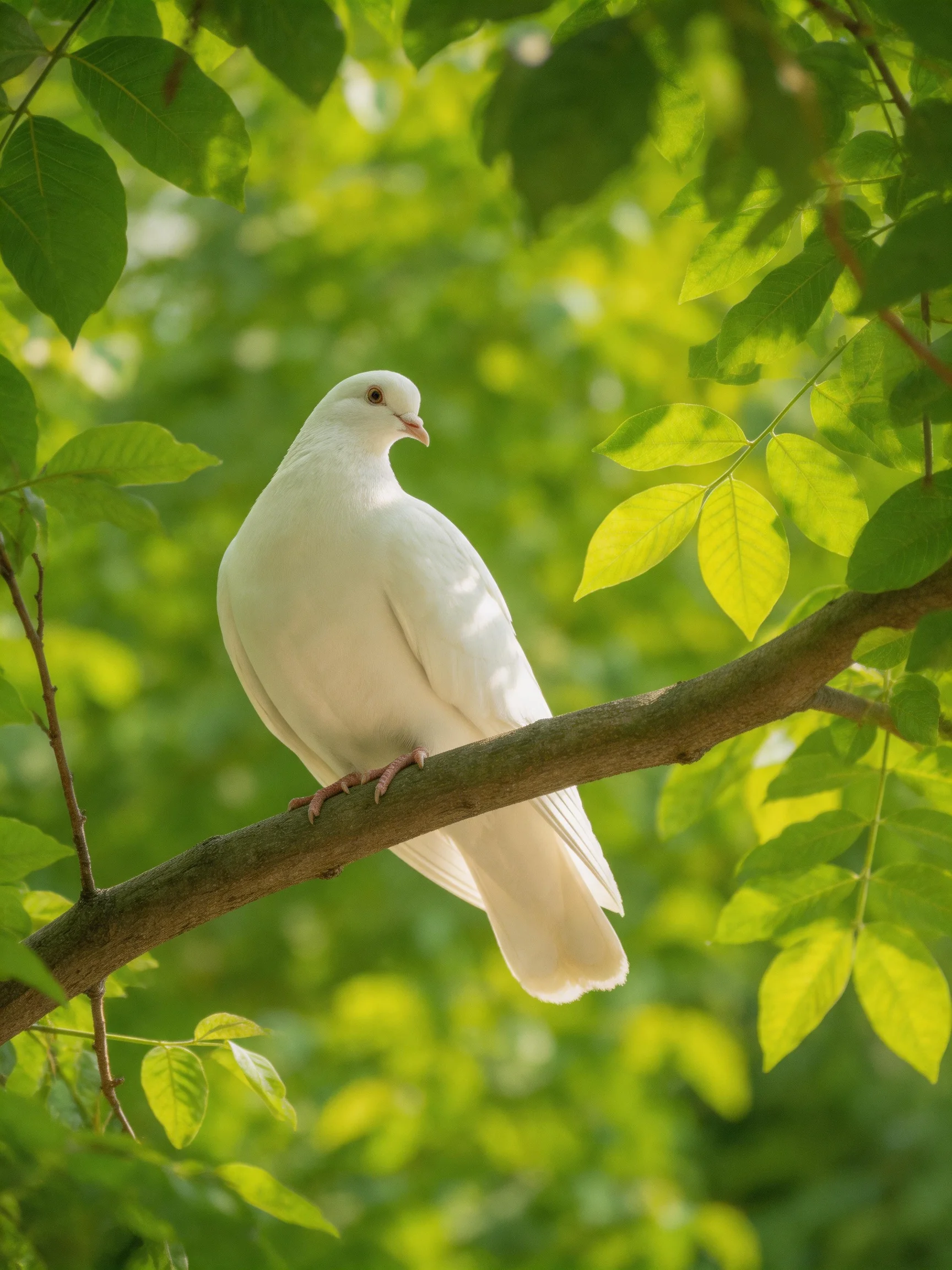 A white dove perched on a brown tree branch amid lush green foliage