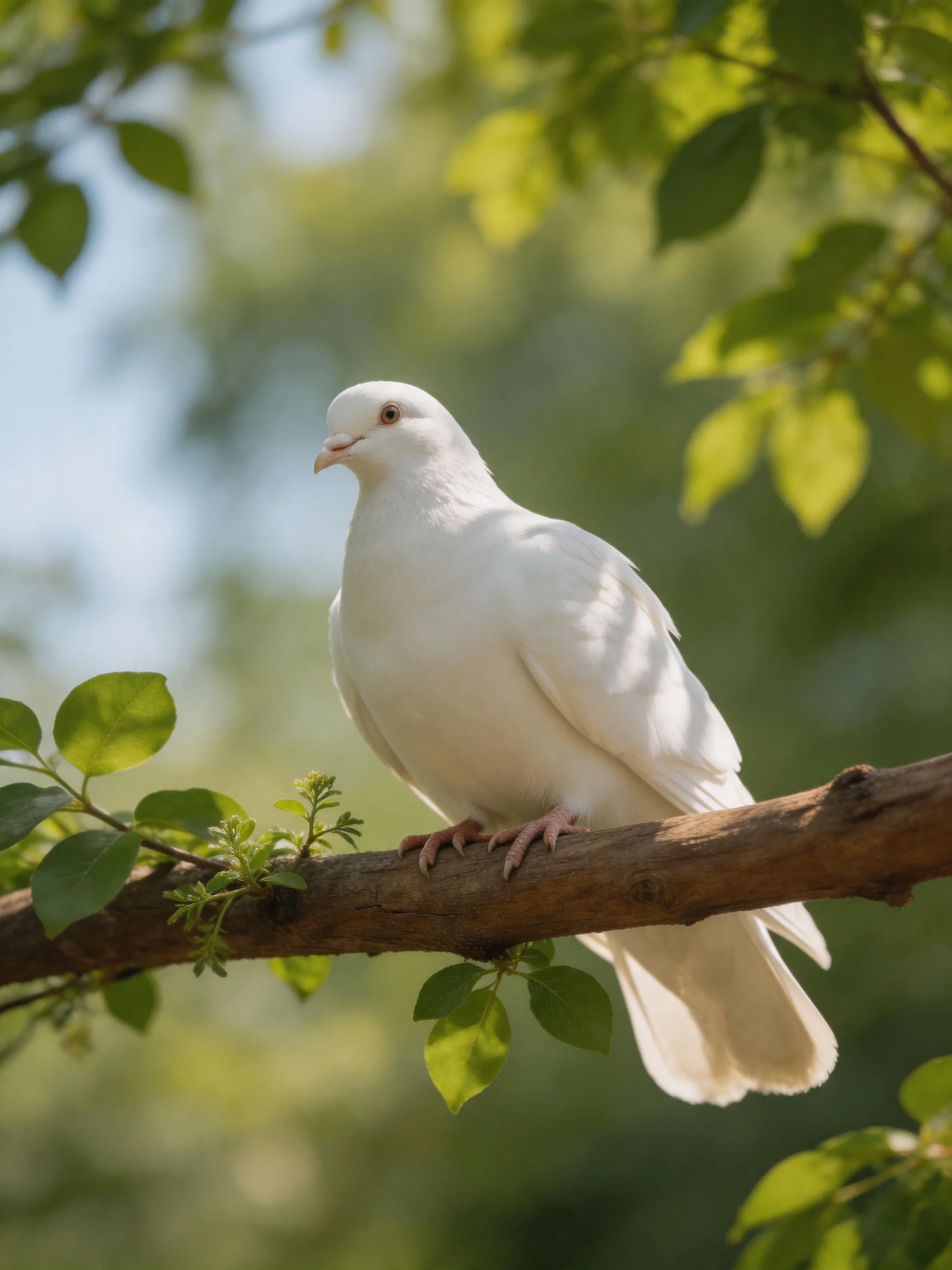A white dove perched on a brown tree branch amid lush green foliage