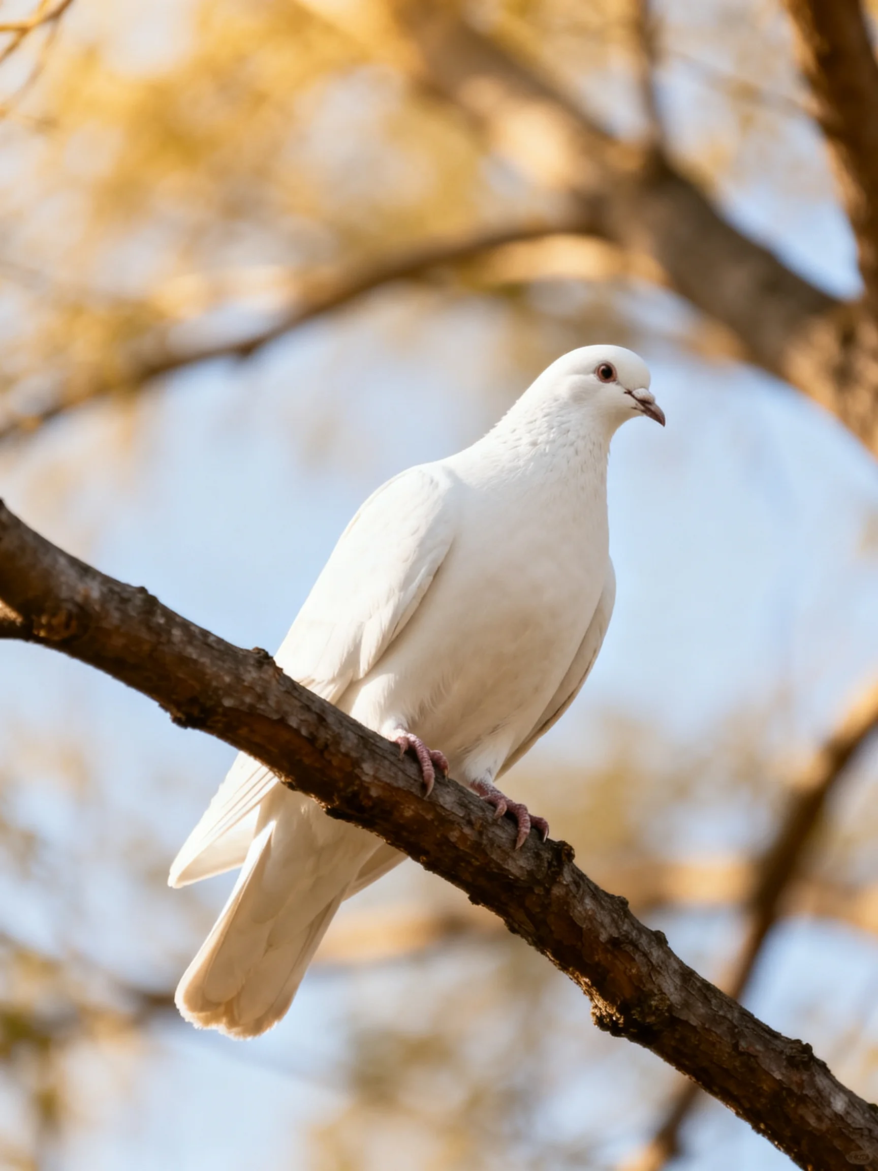 A white dove perched on a dark brown tree branch