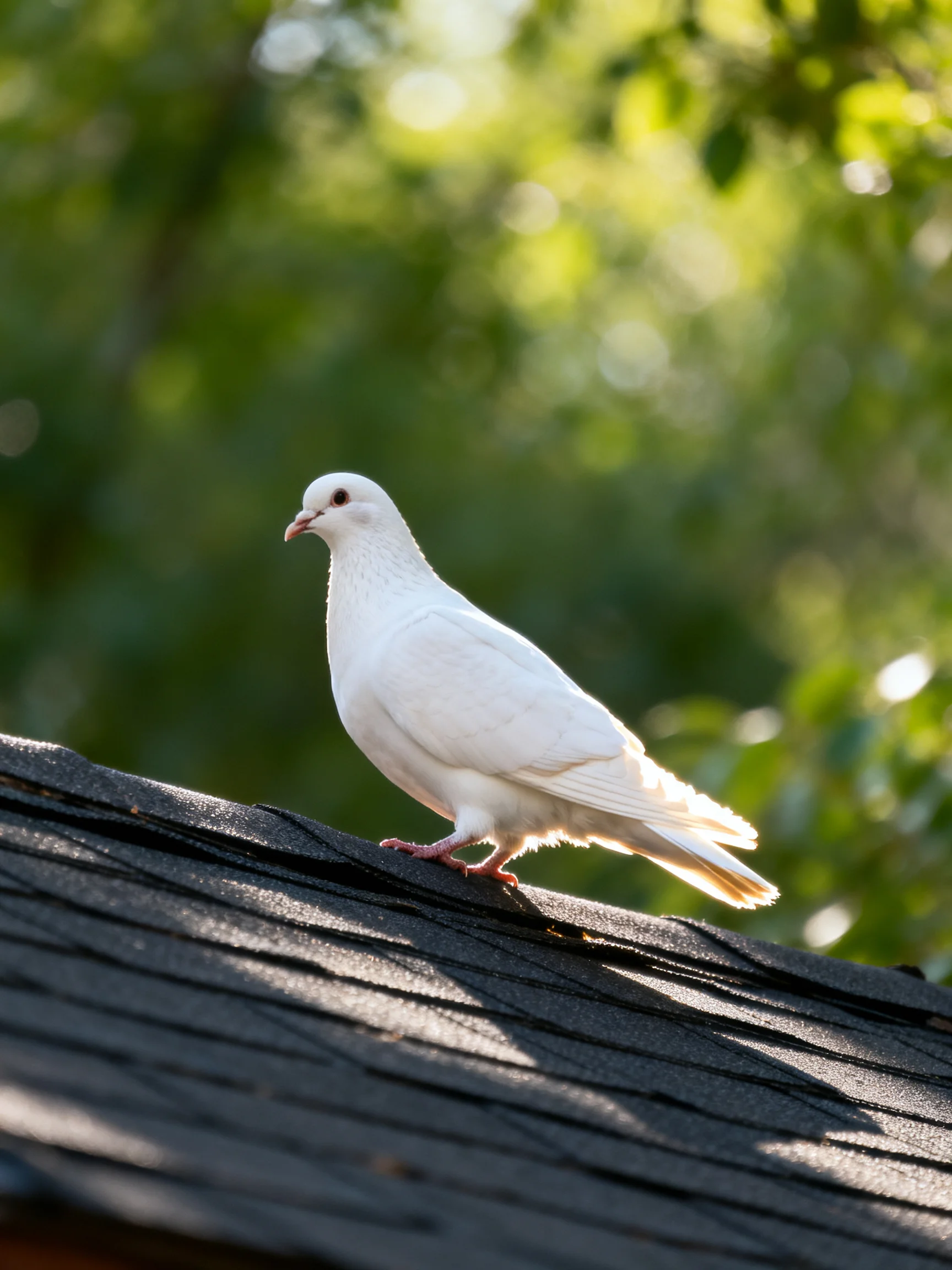 A white dove perched on a dark shingled roof with green foliage