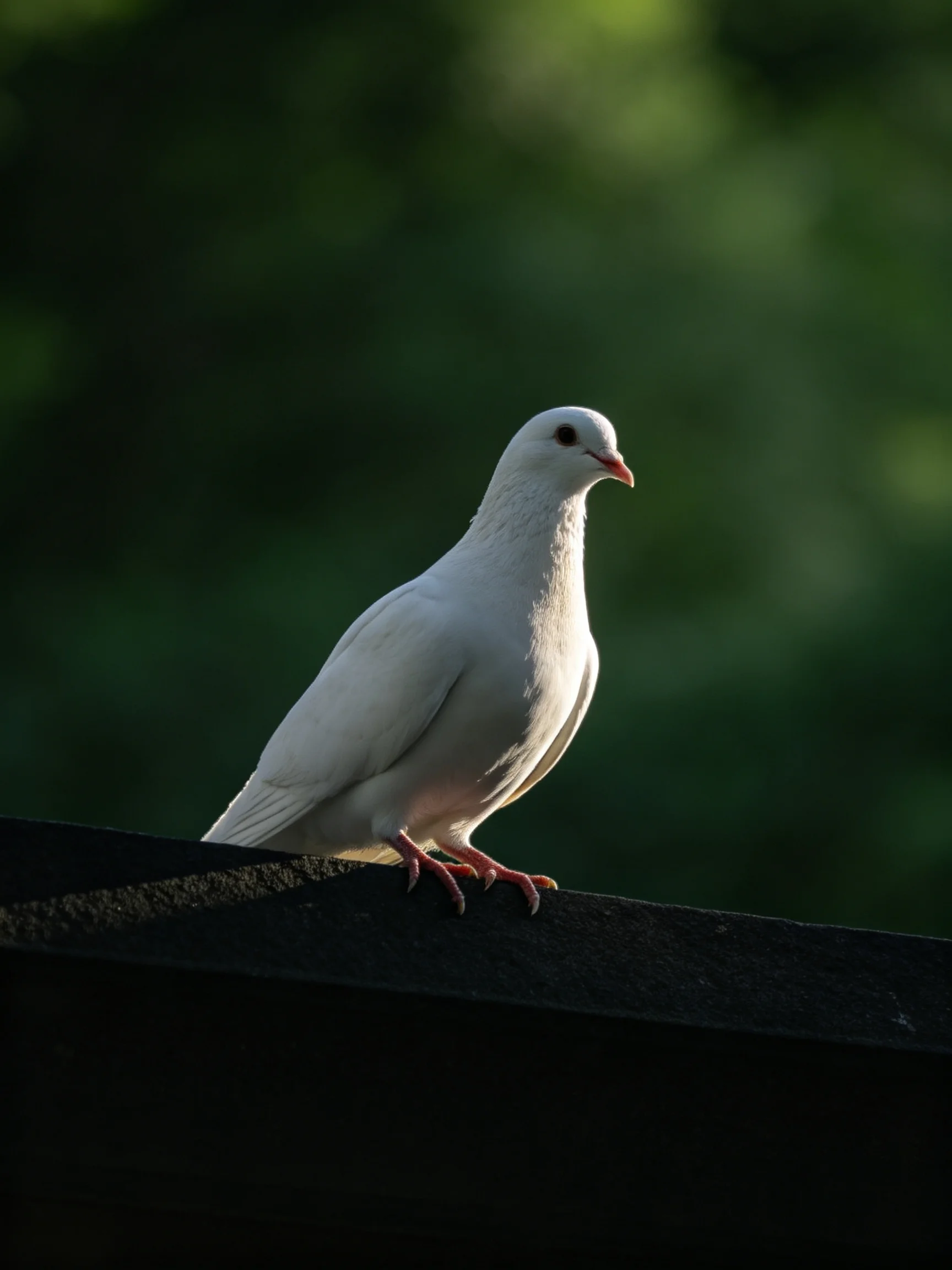 A white dove perched on a dark wooden beam with a green blurred background
