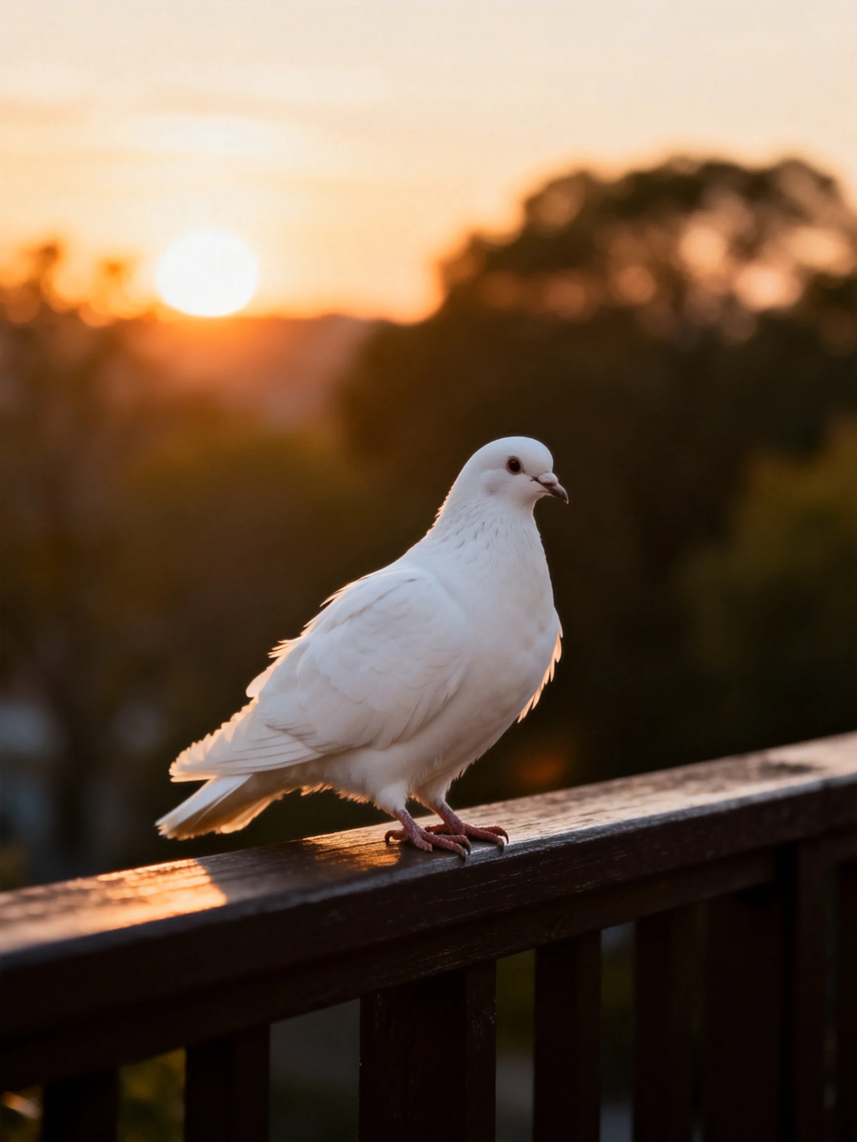 A white dove perched on a dark wooden railing during golden sunset