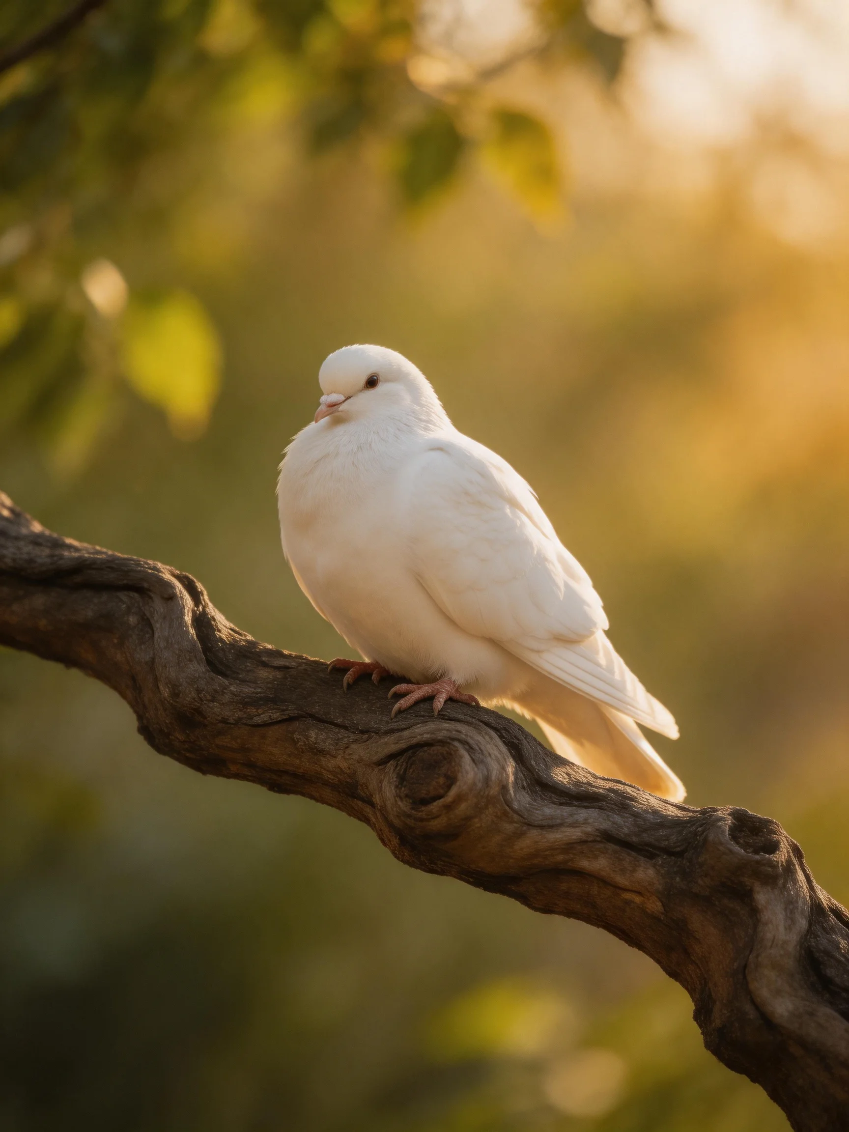 A white dove perched on a gnarled brown branch with golden foliage backdrop