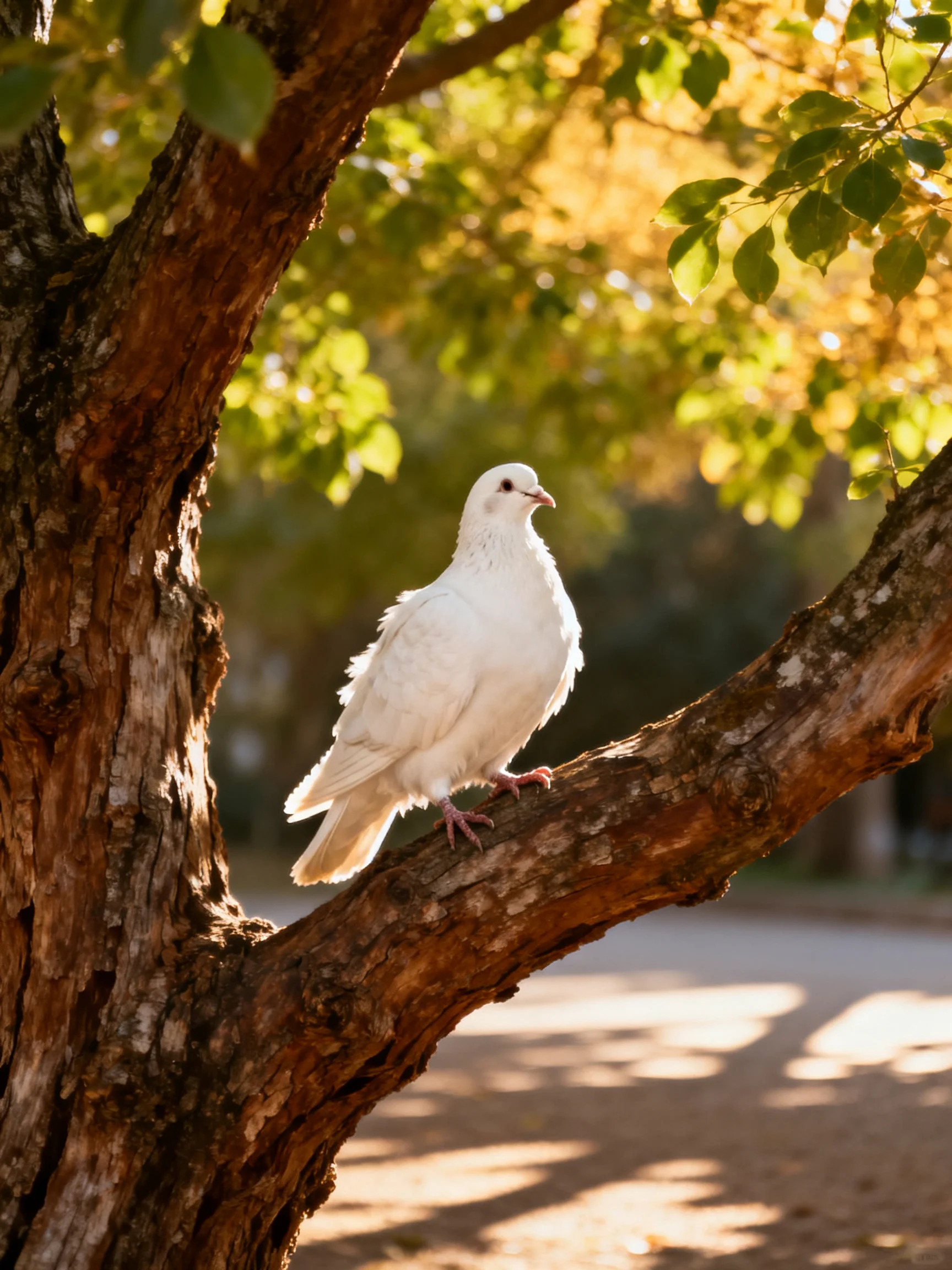 A white dove perched on a gnarled brown tree branch