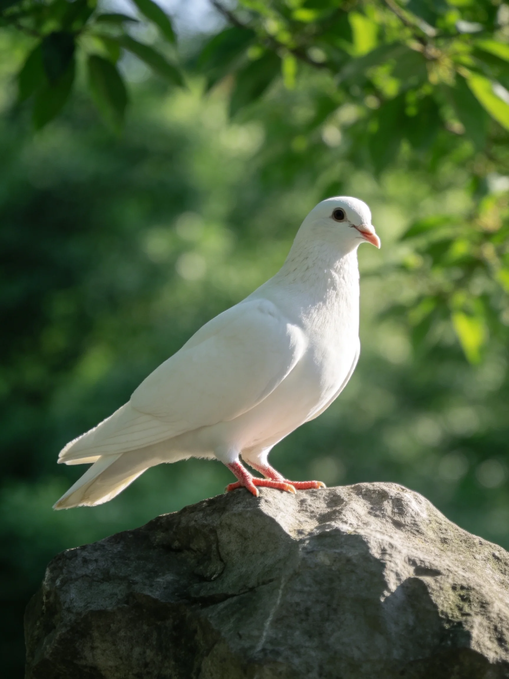 A white dove perched on a gray rock amid lush green foliage