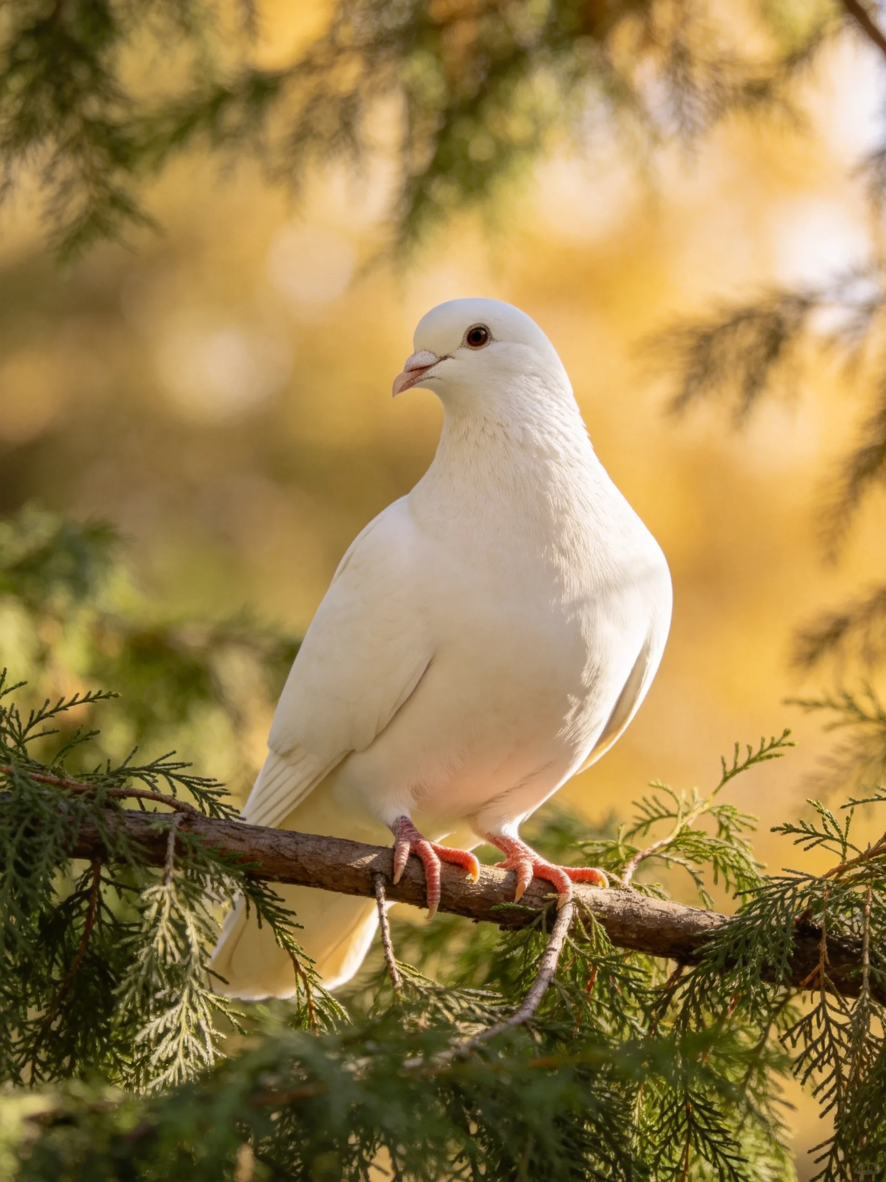 A white dove perched on a green pine branch with golden backdrop