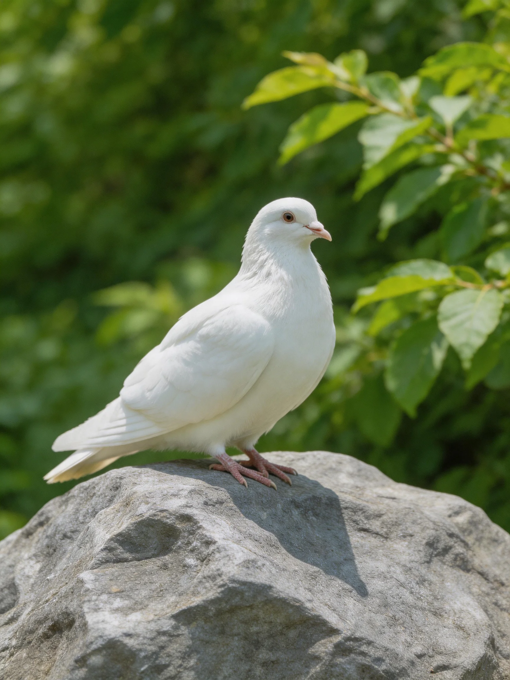A white dove perched on a large gray rock amid lush greenery