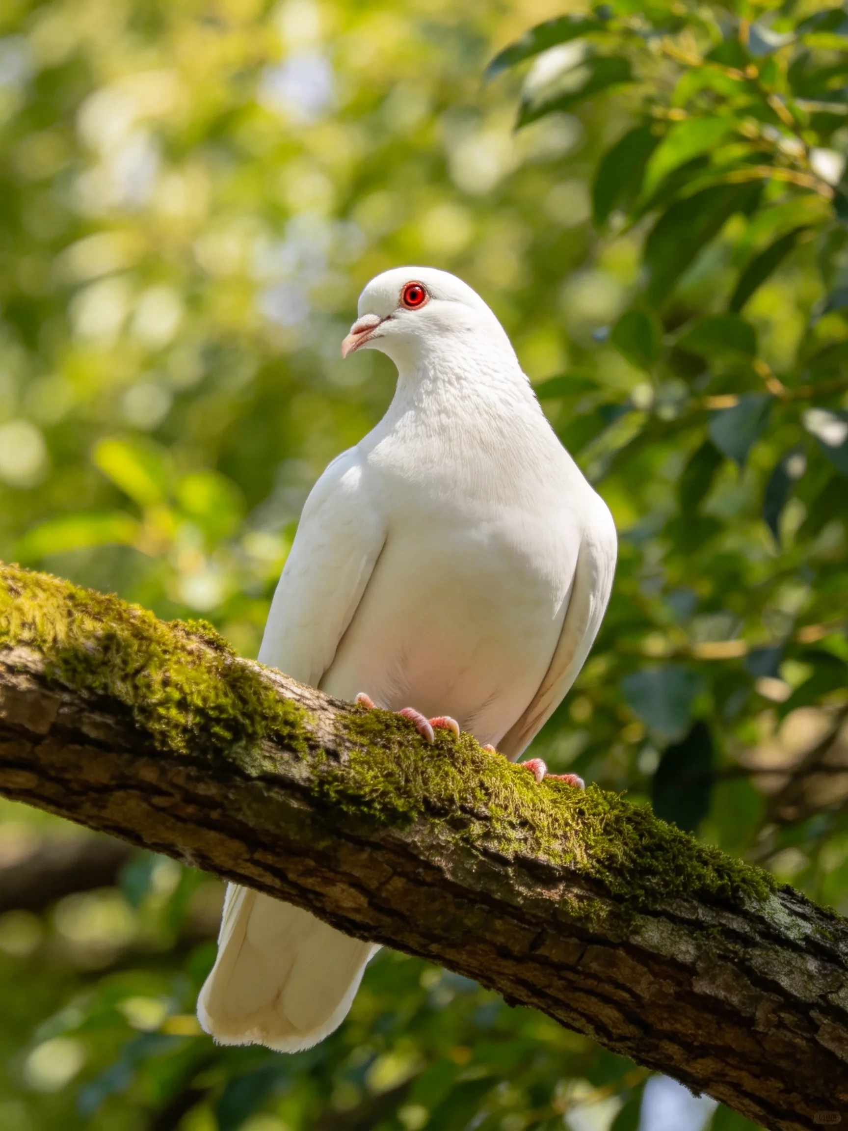 A white dove perched on a moss-covered tree branch