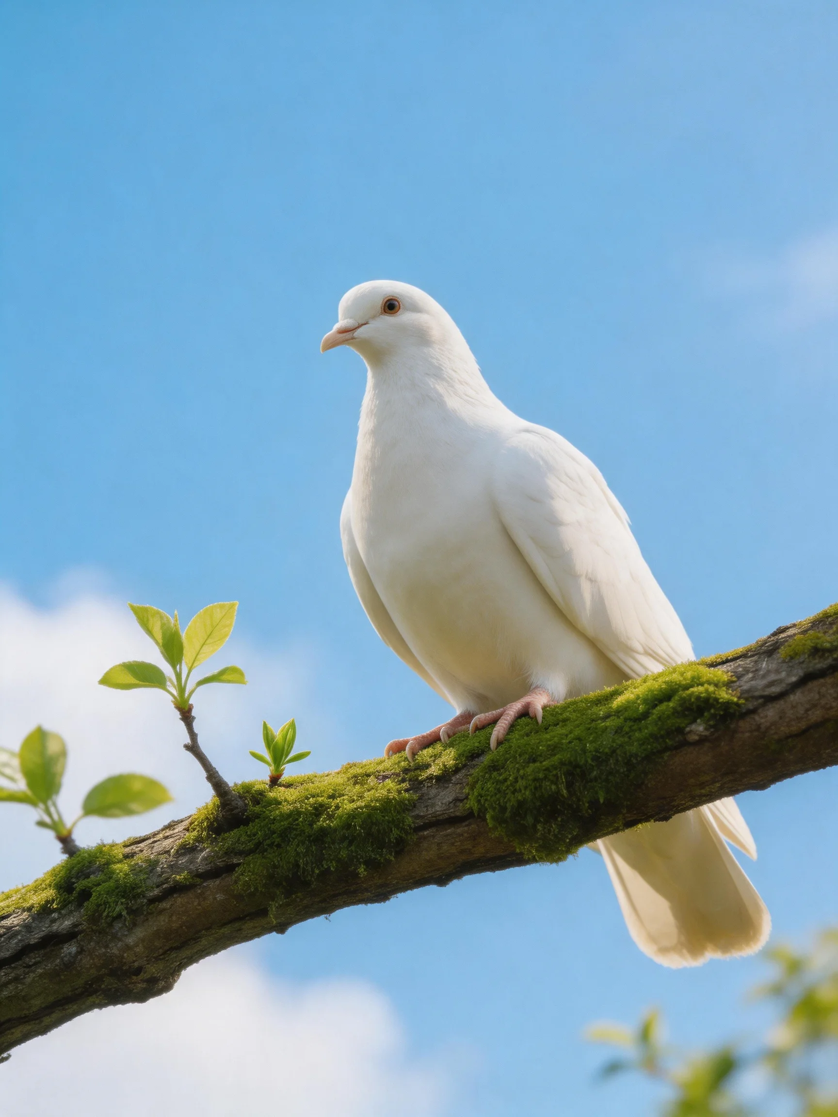 A white dove perched on a moss-covered tree branch against a clear blue sky