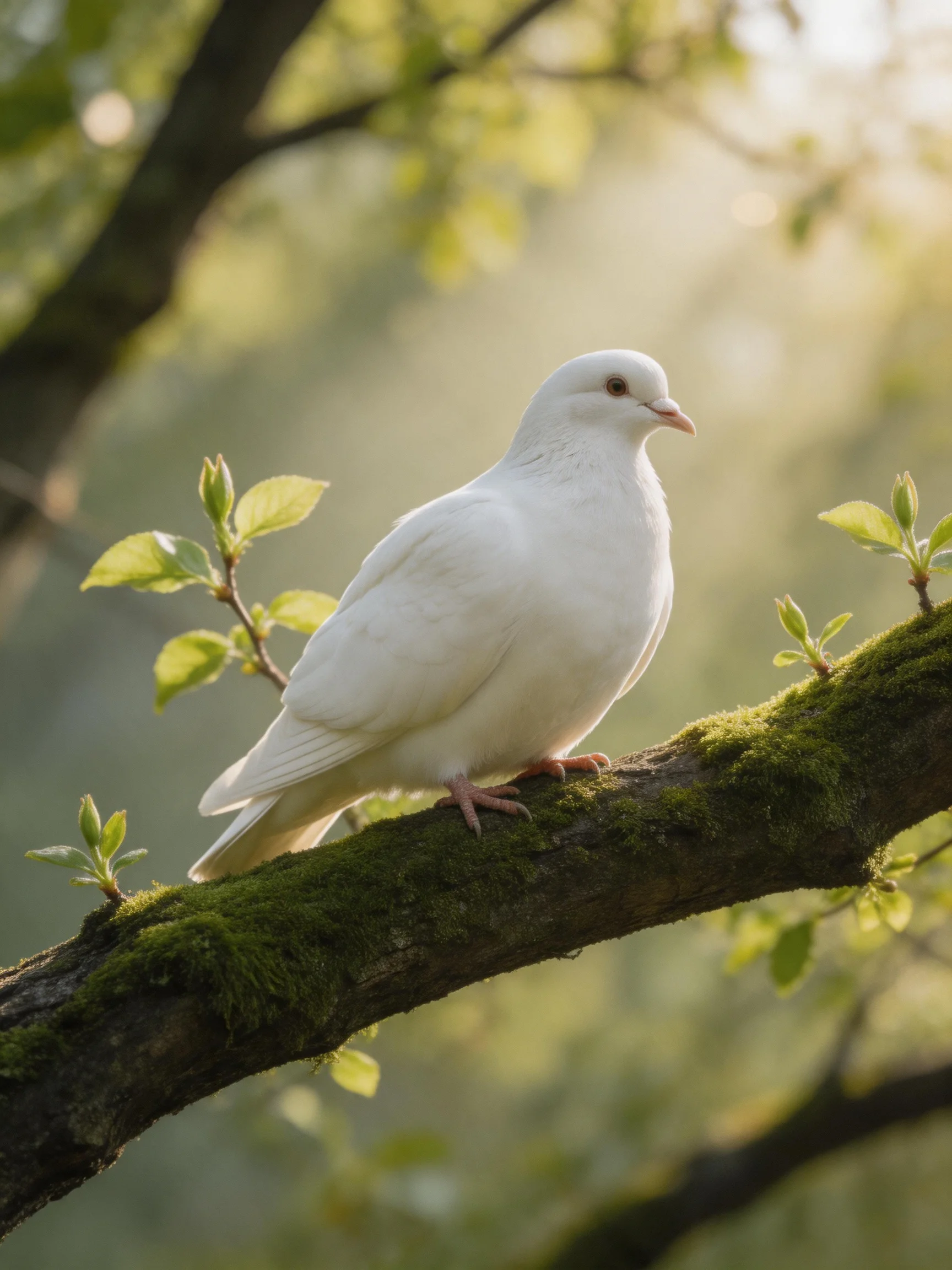 A white dove perched on a moss-covered tree branch